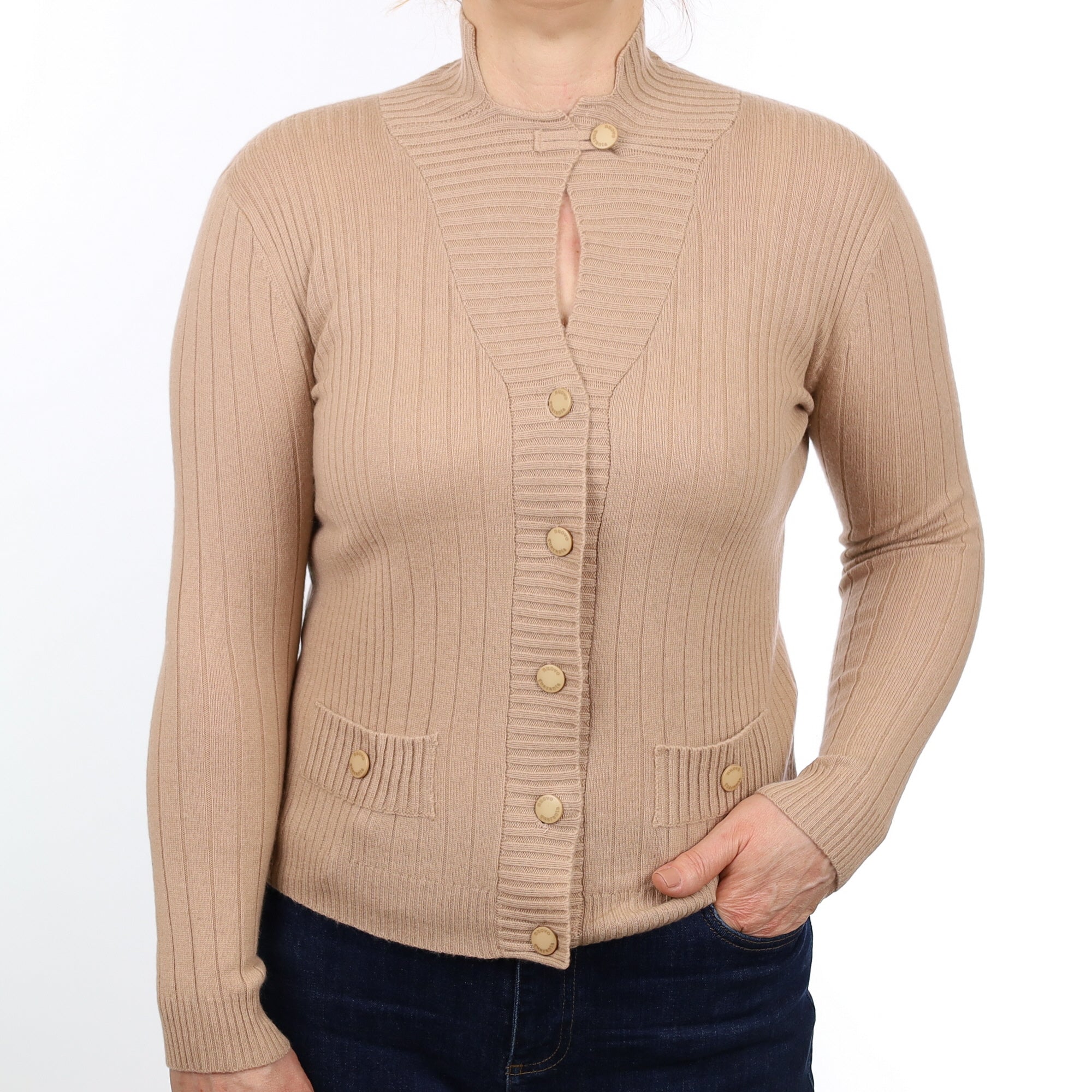 Caramel Ribbed Cashmere Collared Cardigan Medium