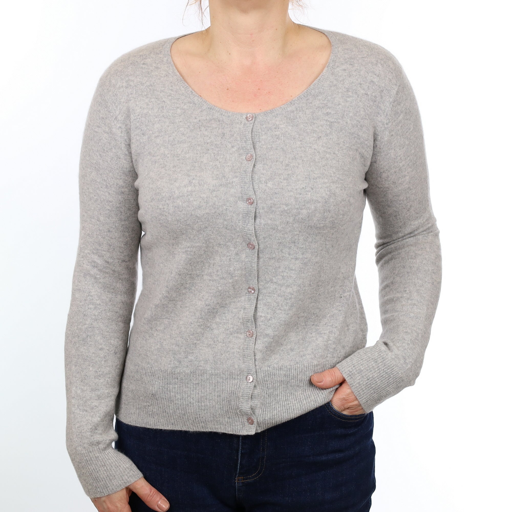 Smoke Grey Cashmere Scoop Neck Cardigan Medium