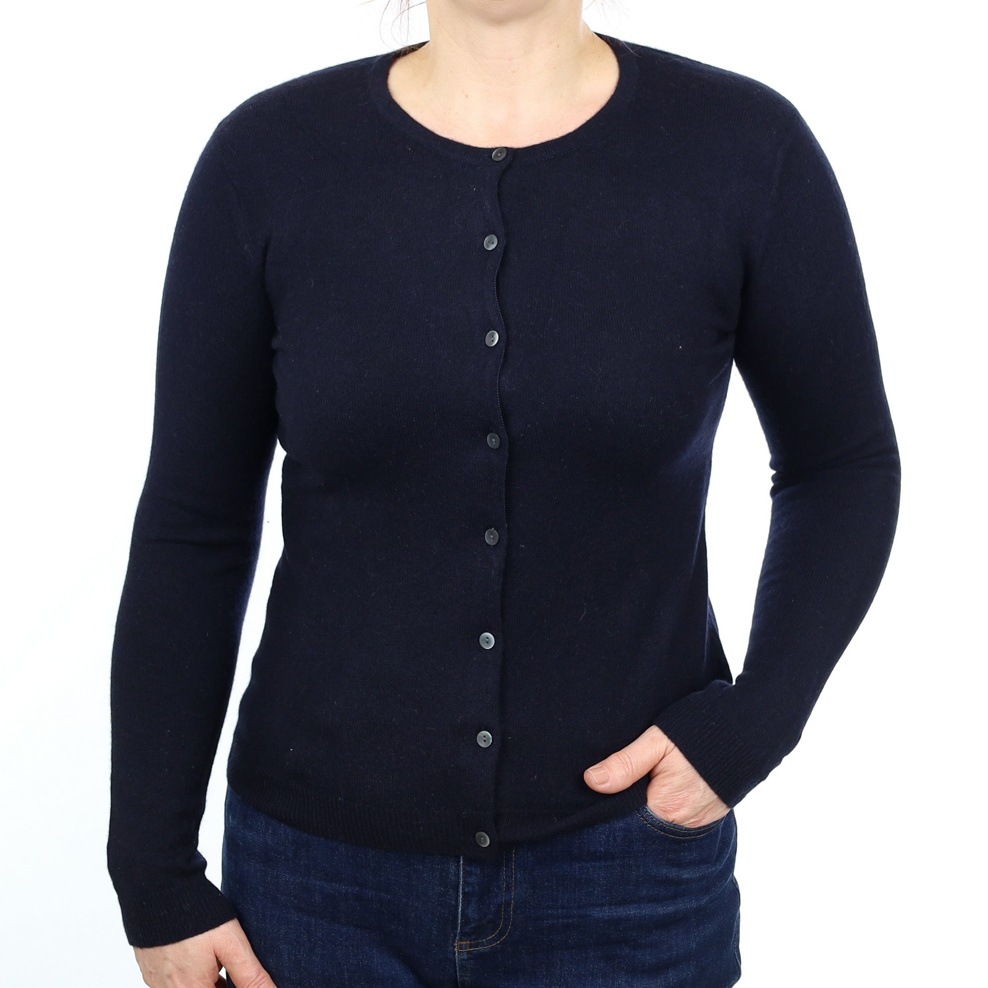 Darkest Navy Cashmere Crew Neck Cardigan Medium