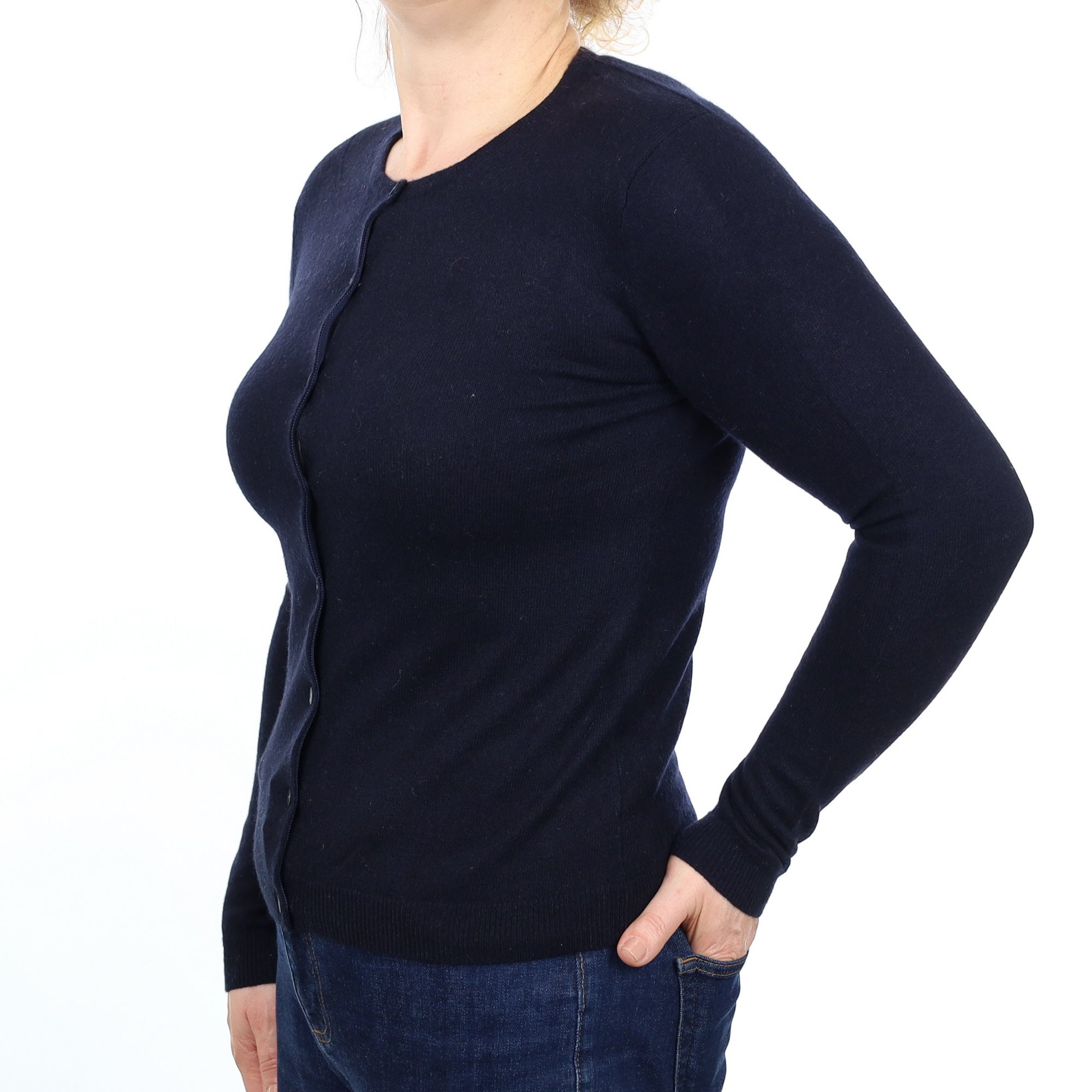 Darkest Navy Cashmere Crew Neck Cardigan Medium