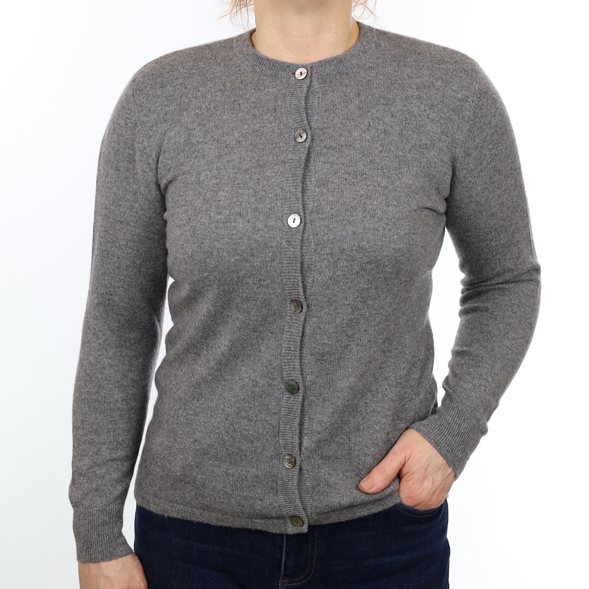 Slate Grey Cashmere Crew Neck Cardigan Medium