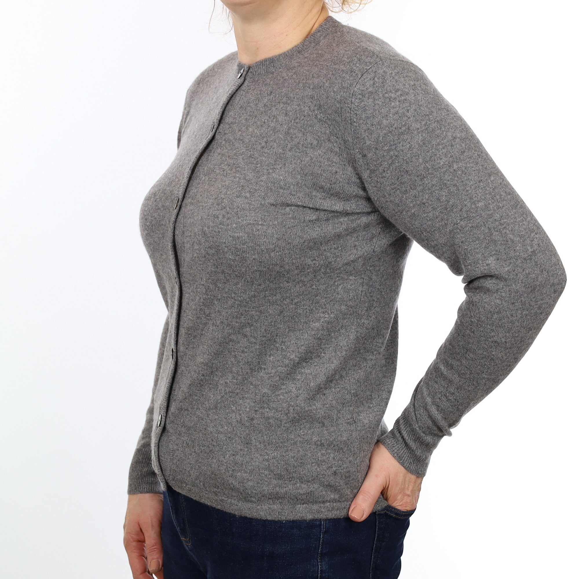 Slate Grey Cashmere Crew Neck Cardigan Medium
