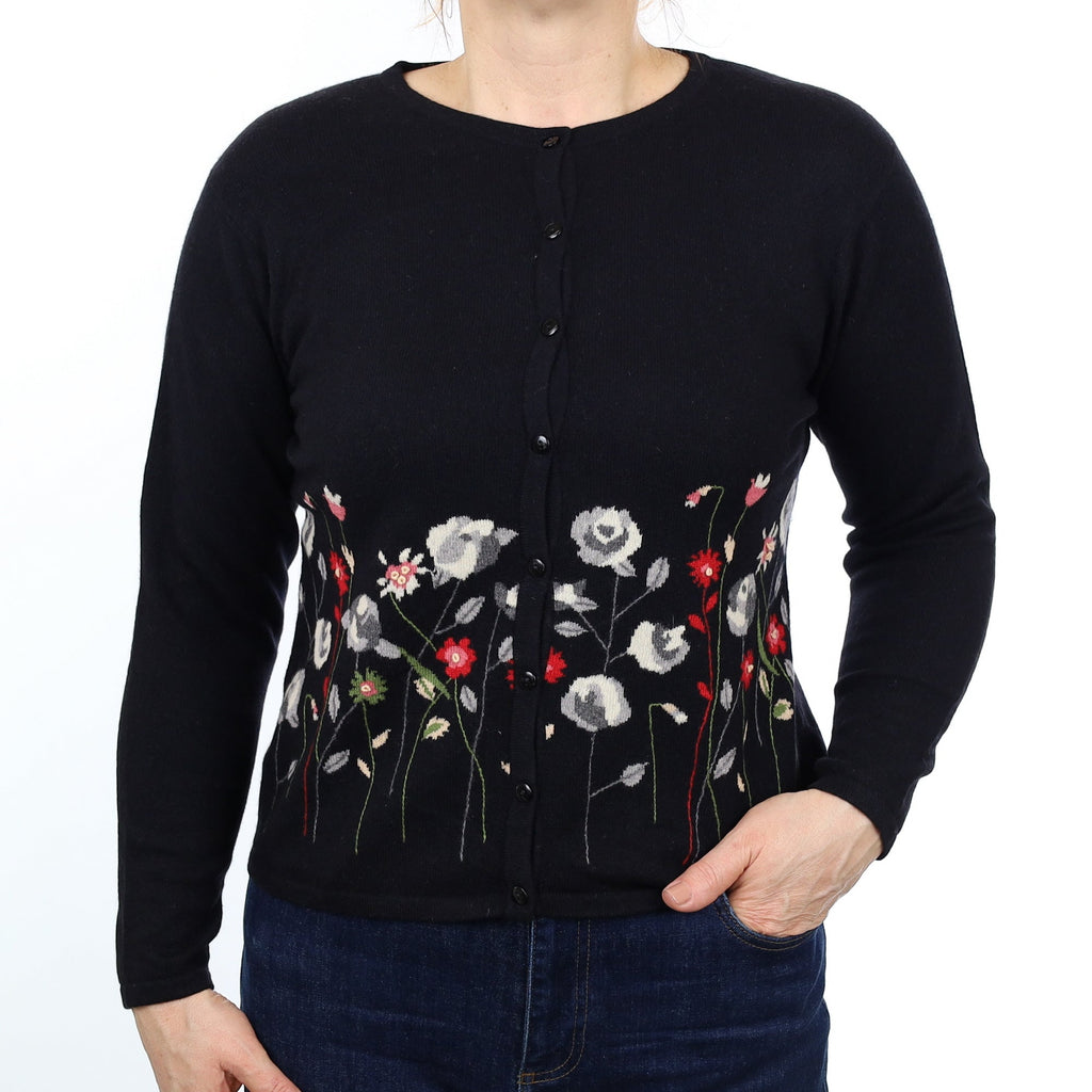 Black Floral Cashmere Crew Neck Cardigan Medium