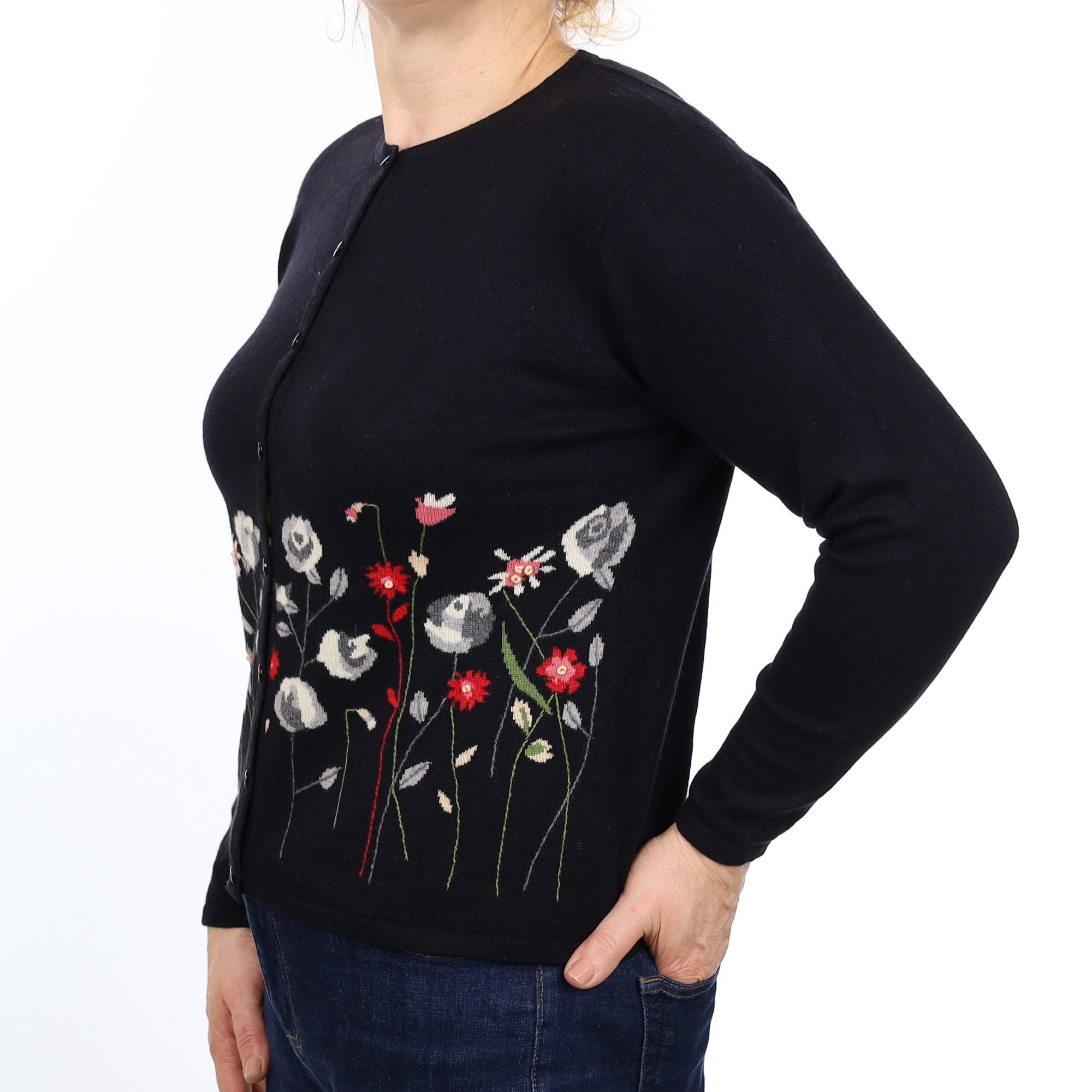 Black Floral Cashmere Crew Neck Cardigan Medium