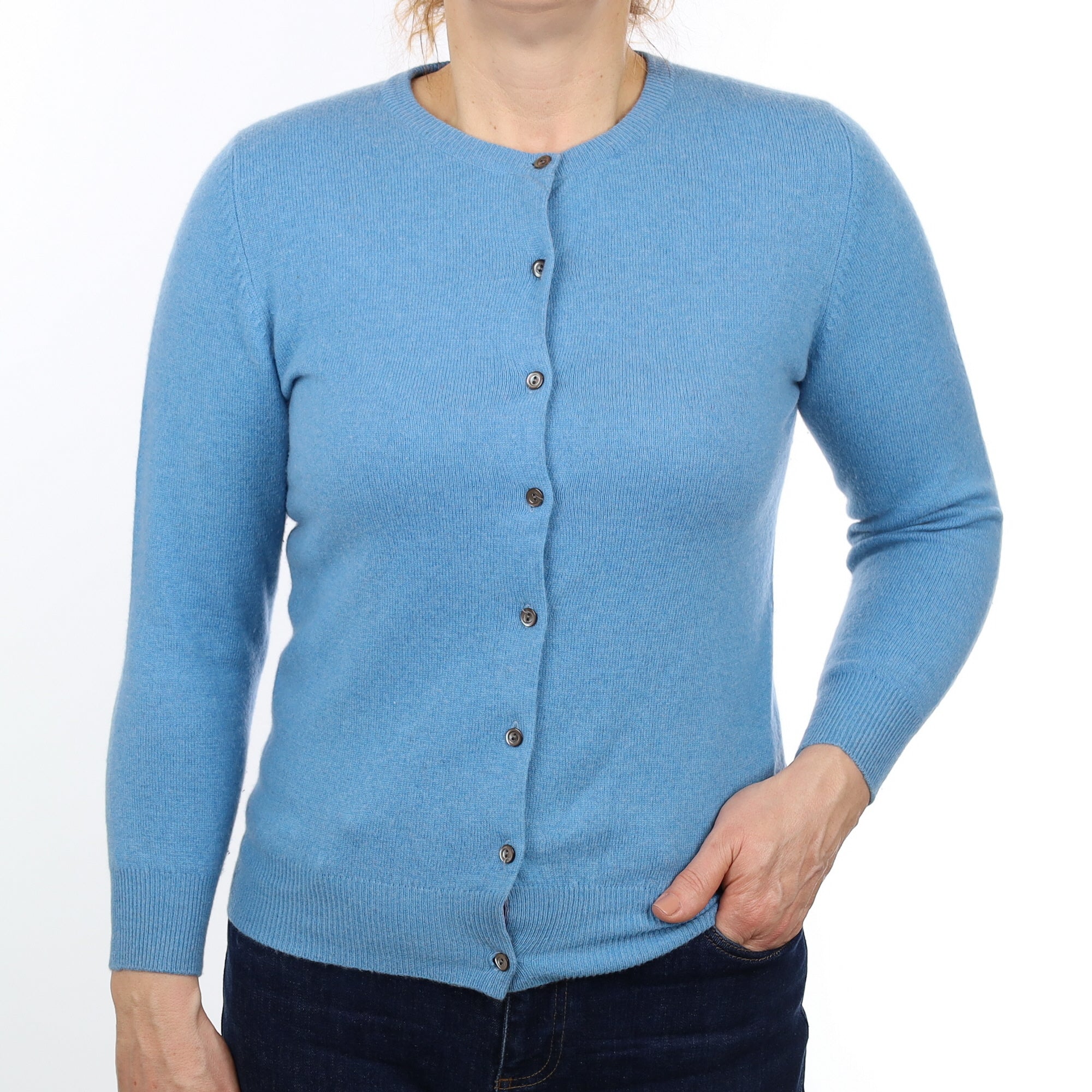 Mediterranean Blue Cashmere Crew Neck Cardigan Medium