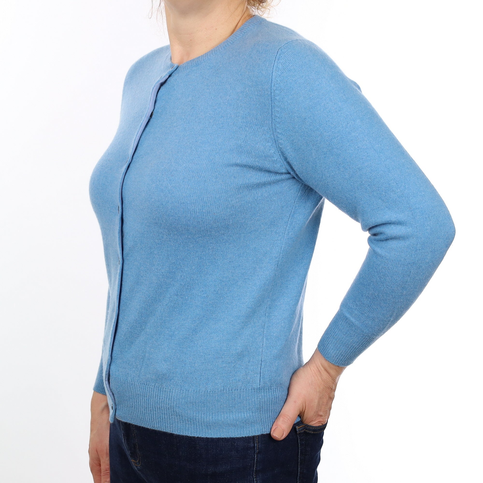 Mediterranean Blue Cashmere Crew Neck Cardigan Medium