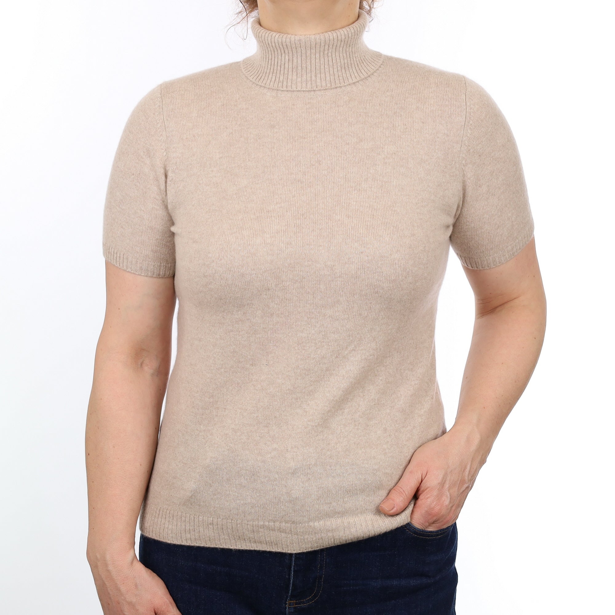 Fawn Cashmere Short Sleeved Polo Neck Neck Jumper Medium