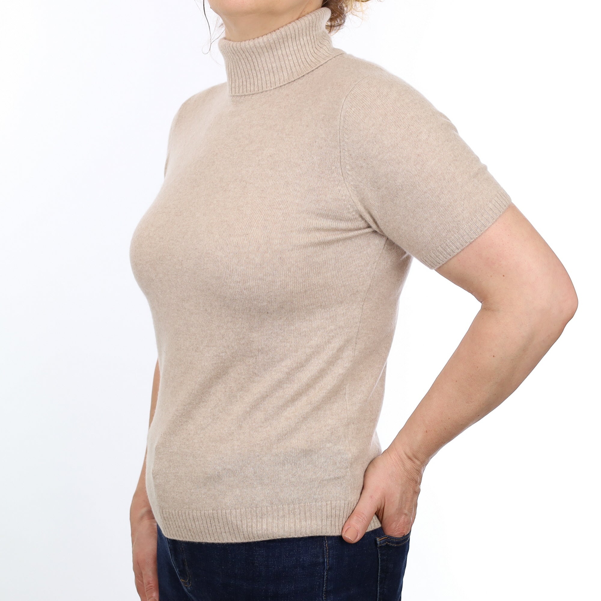 Fawn Cashmere Short Sleeved Polo Neck Neck Jumper Medium