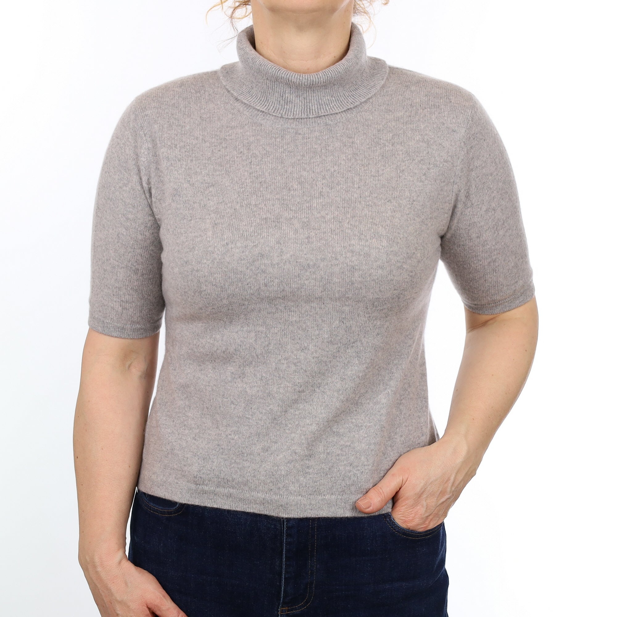Smoke Grey Cashmere Short Sleeved Polo Neck Jumper Medium