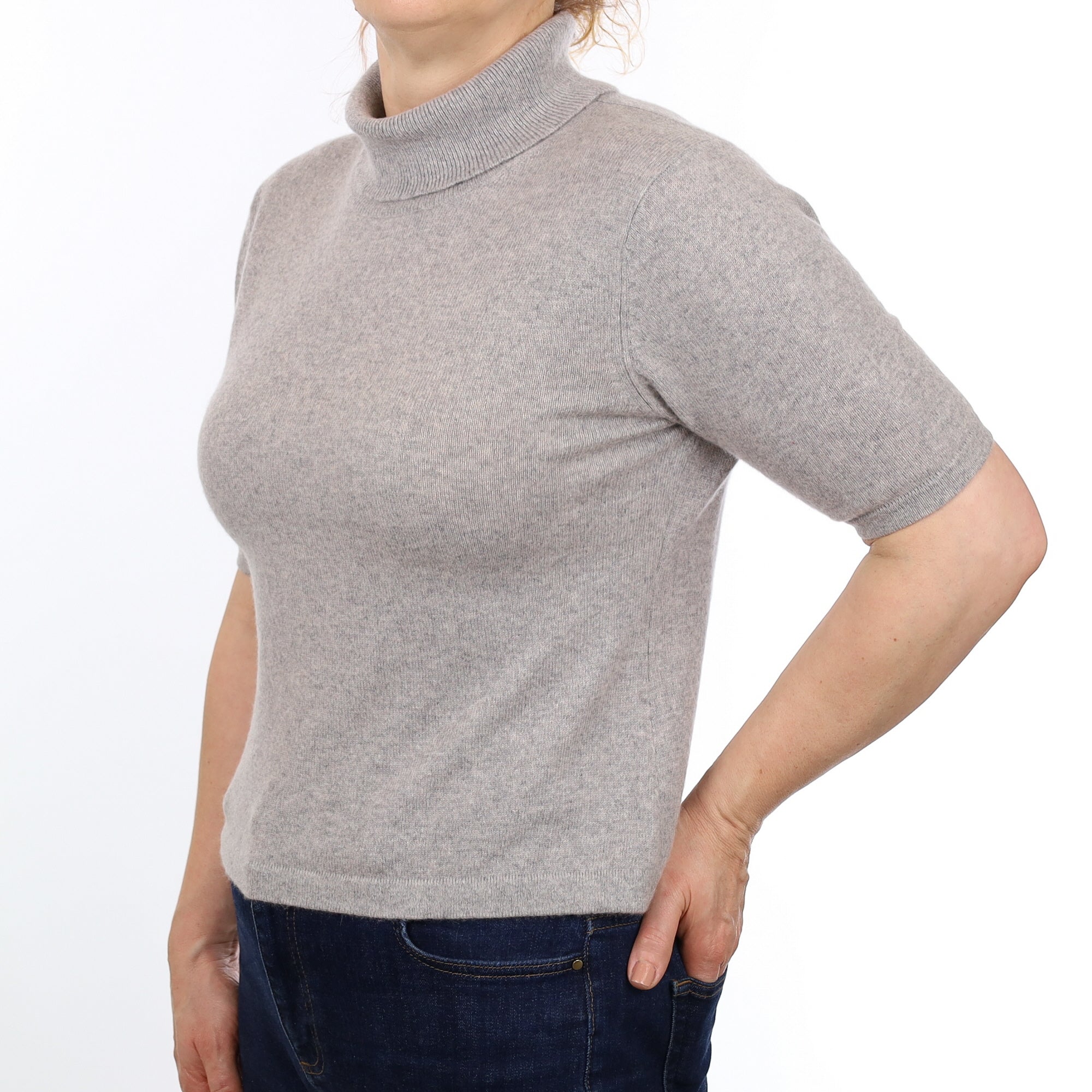 Smoke Grey Cashmere Short Sleeved Polo Neck Jumper Medium