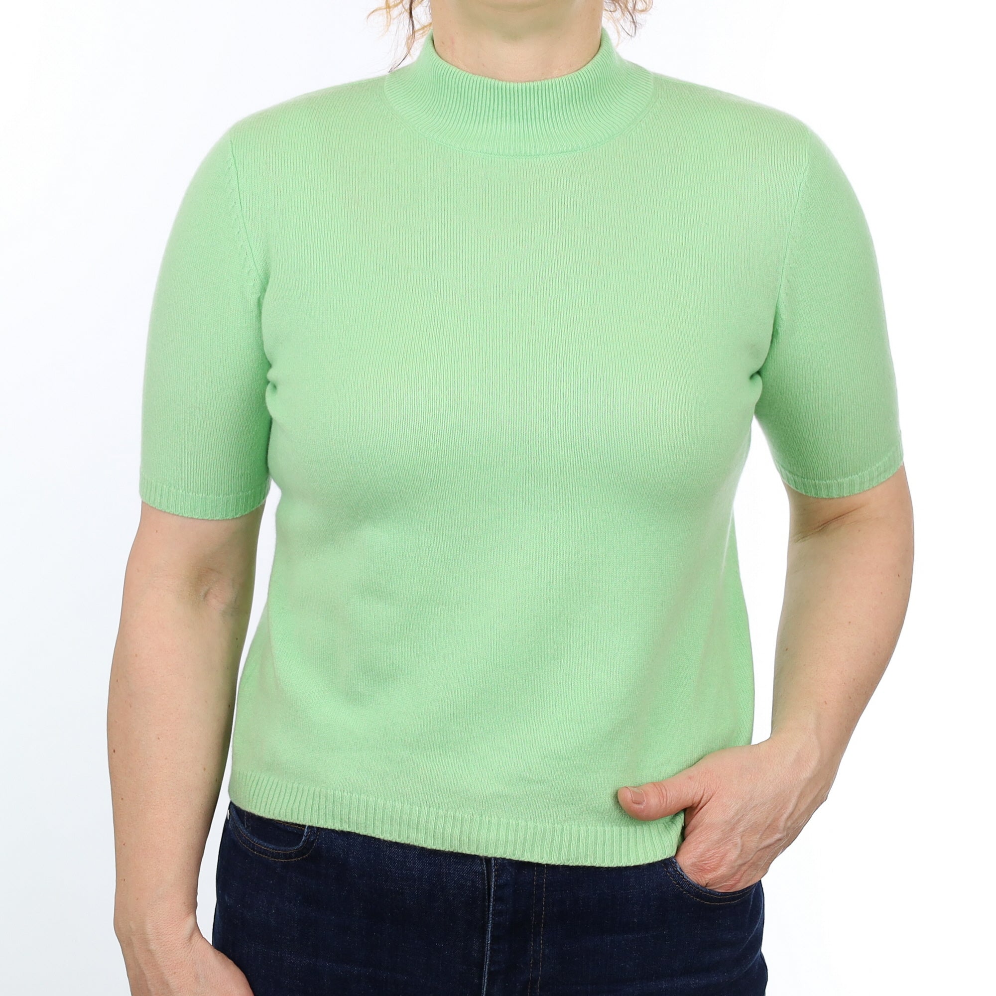 Spring Green Cashmere Short Sleeved Turtle Neck Jumper Medium