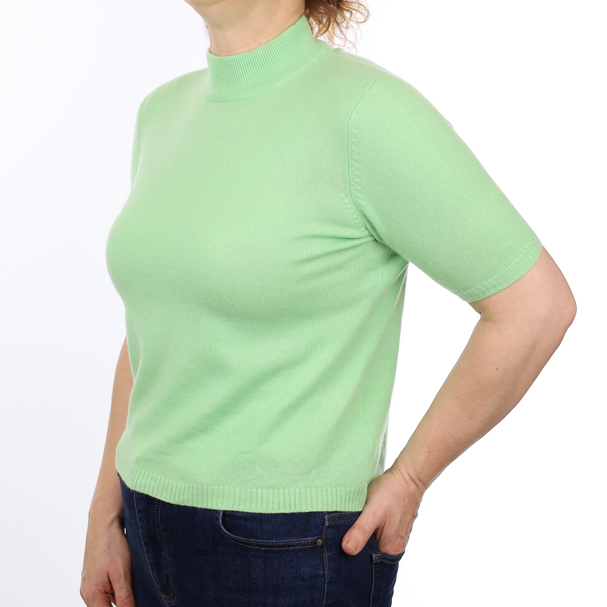 Spring Green Cashmere Short Sleeved Turtle Neck Jumper Medium