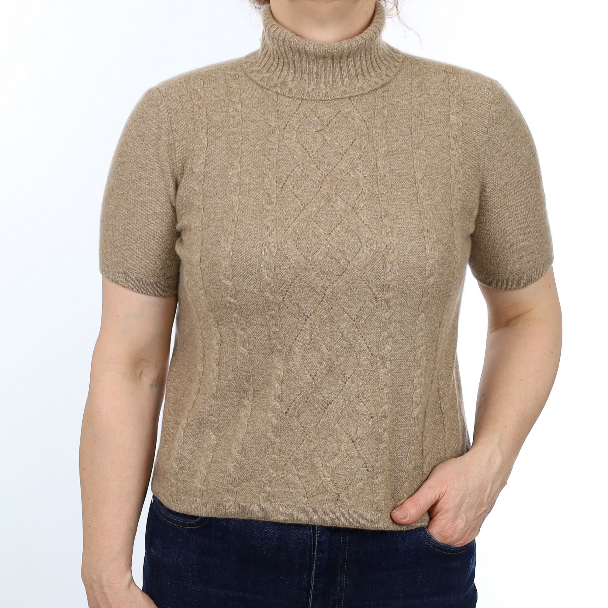 Camel Marl Cashmere Textured Short Sleeved Polo Neck Jumper Medium