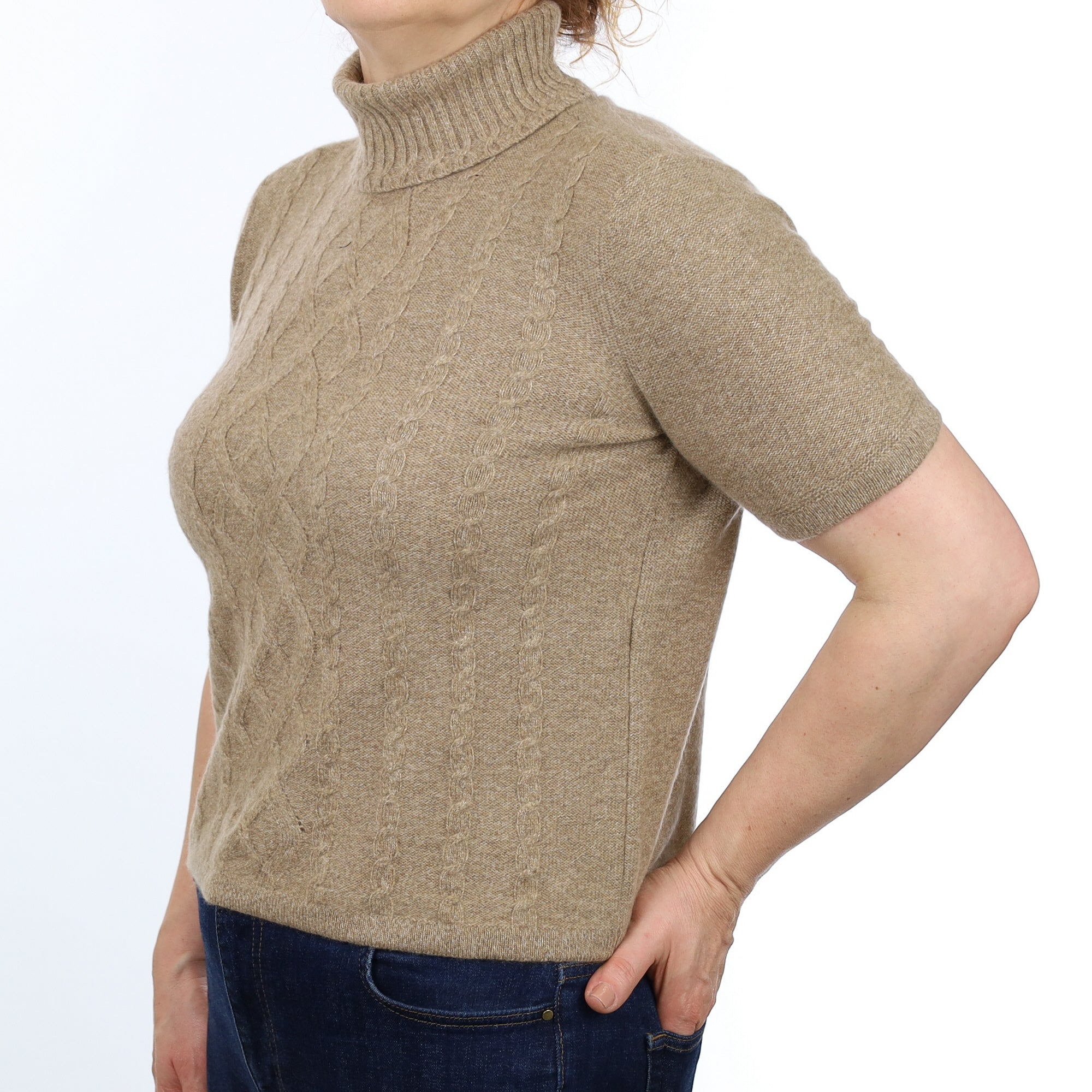 Camel Marl Cashmere Textured Short Sleeved Polo Neck Jumper Medium