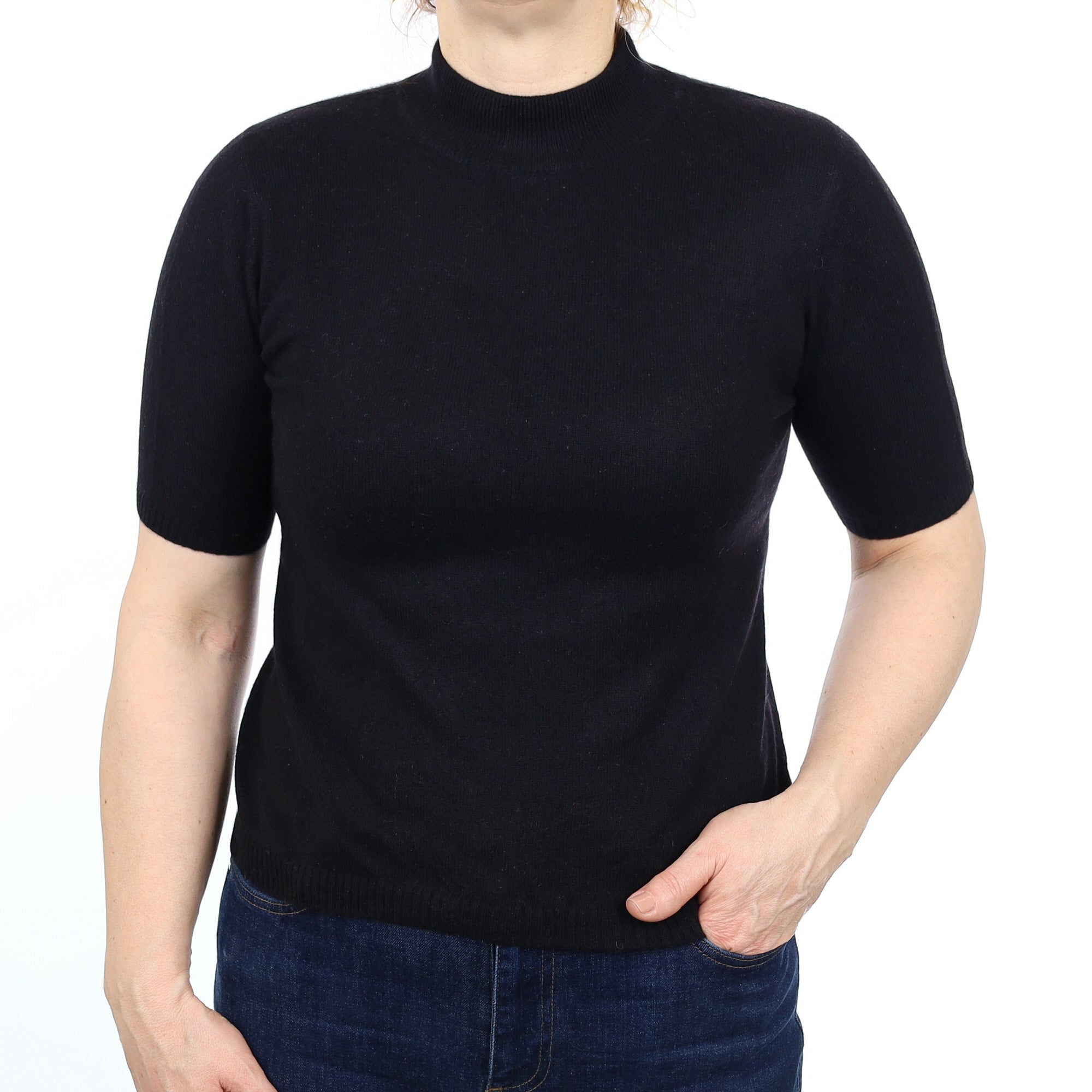 Black Cashmere Short Sleeved Turtle Neck Jumper Medium