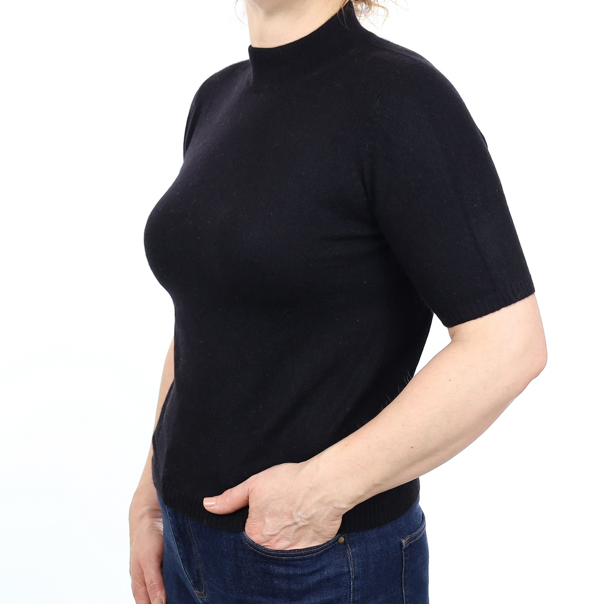 Black Cashmere Short Sleeved Turtle Neck Jumper Medium
