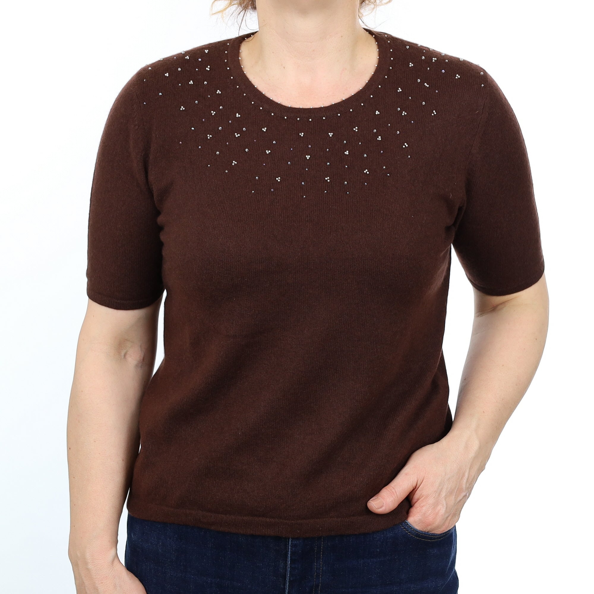 Chocolate Brown Beaded Cashmere Short Sleeved Crew Neck Jumper Medium