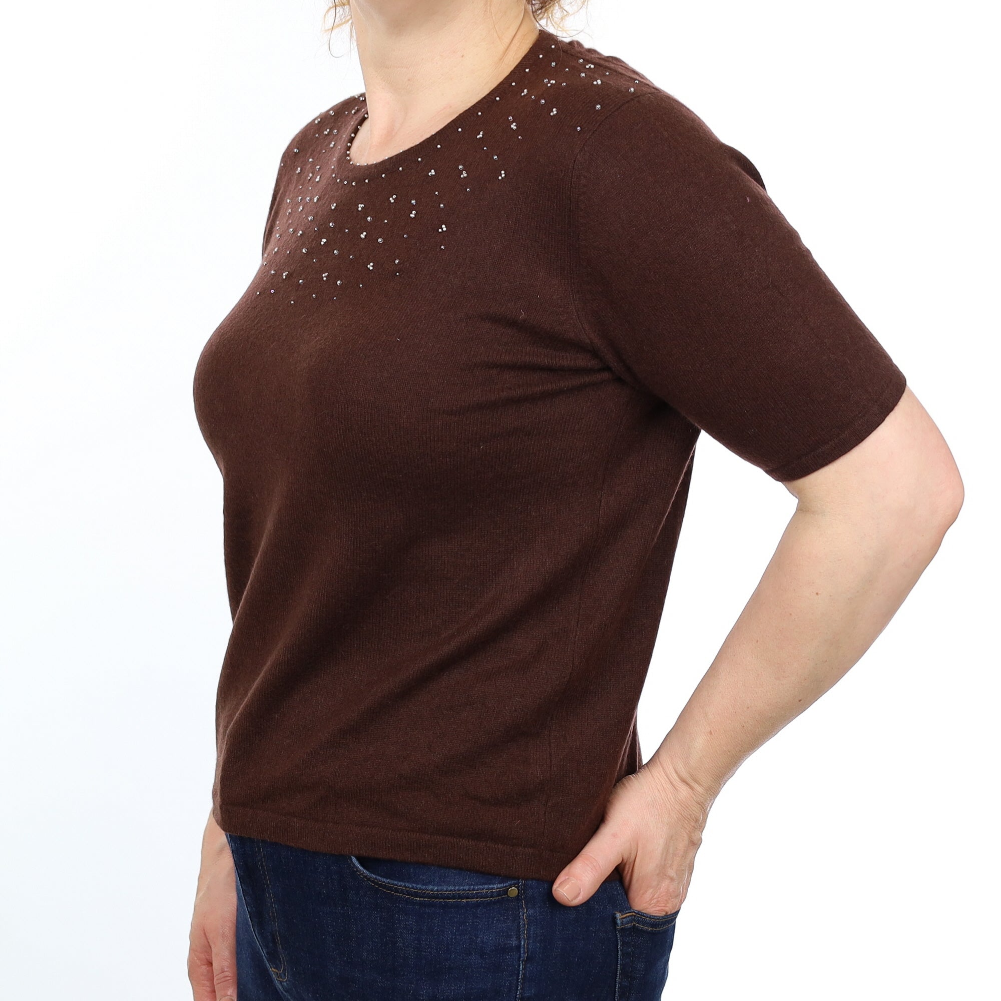 Chocolate Brown Beaded Cashmere Short Sleeved Crew Neck Jumper Medium