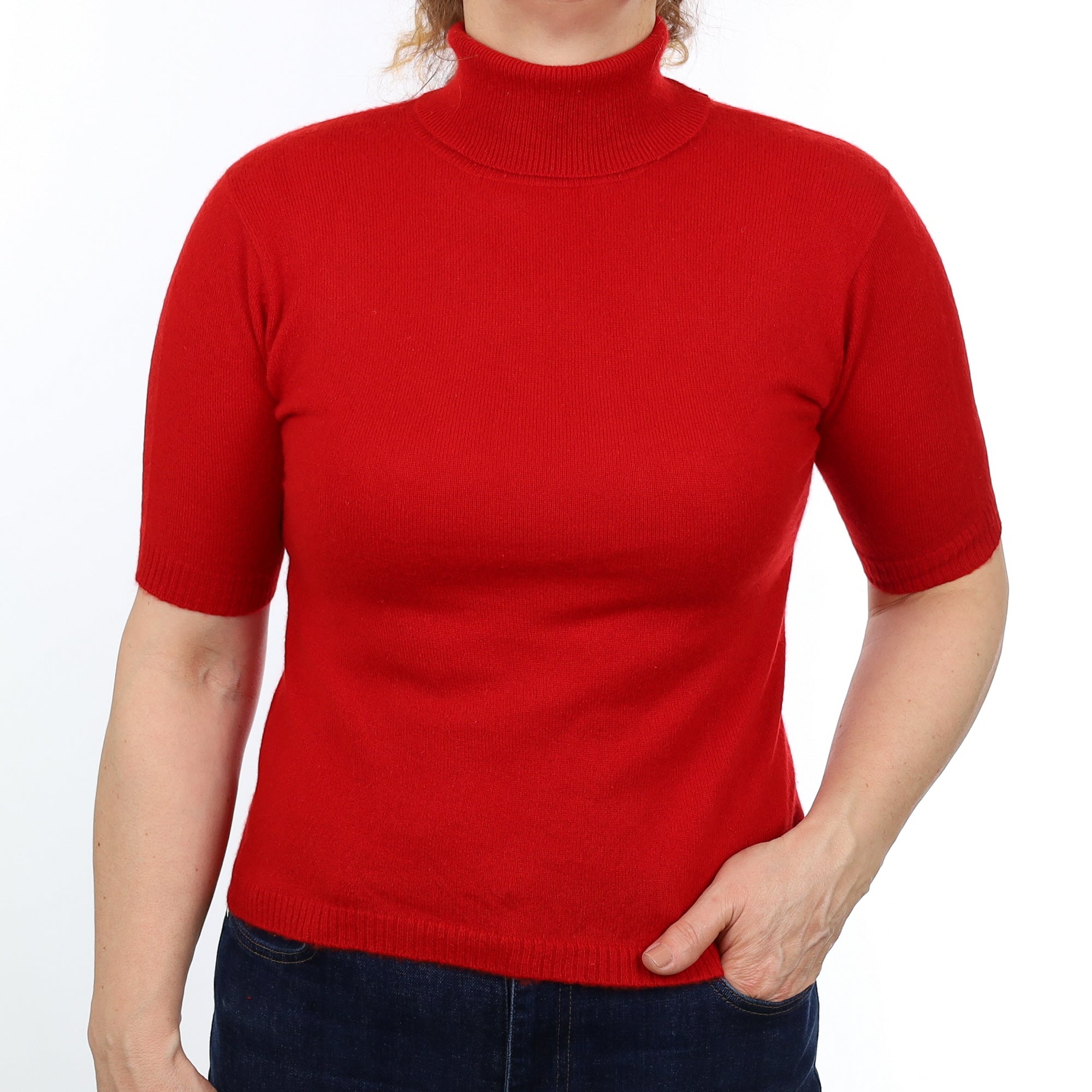 Scarlett Red Cashmere Short Sleeved Polo Neck Jumper Medium