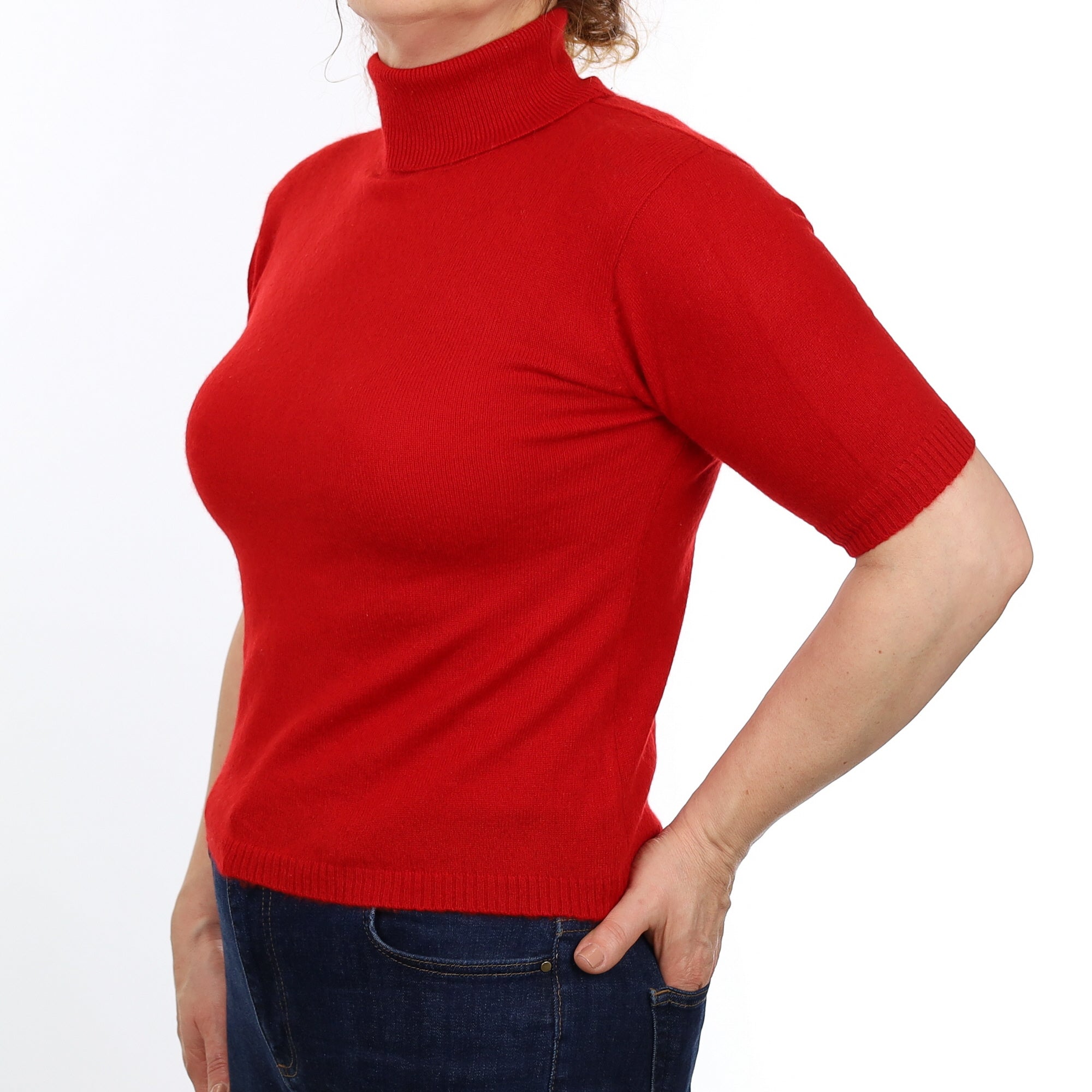Scarlett Red Cashmere Short Sleeved Polo Neck Jumper Medium