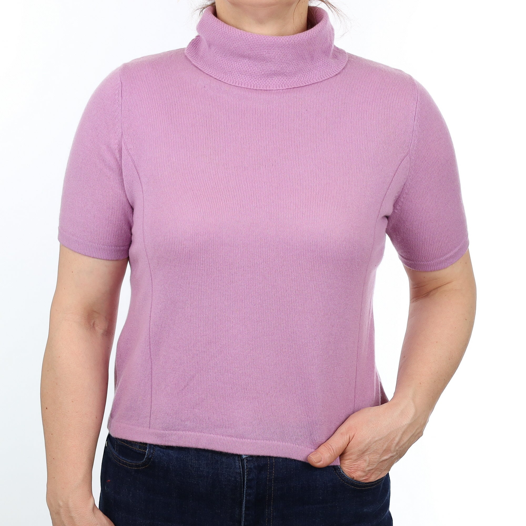 Lilac Purple Cashmere Short Sleeved Polo Neck Jumper Medium