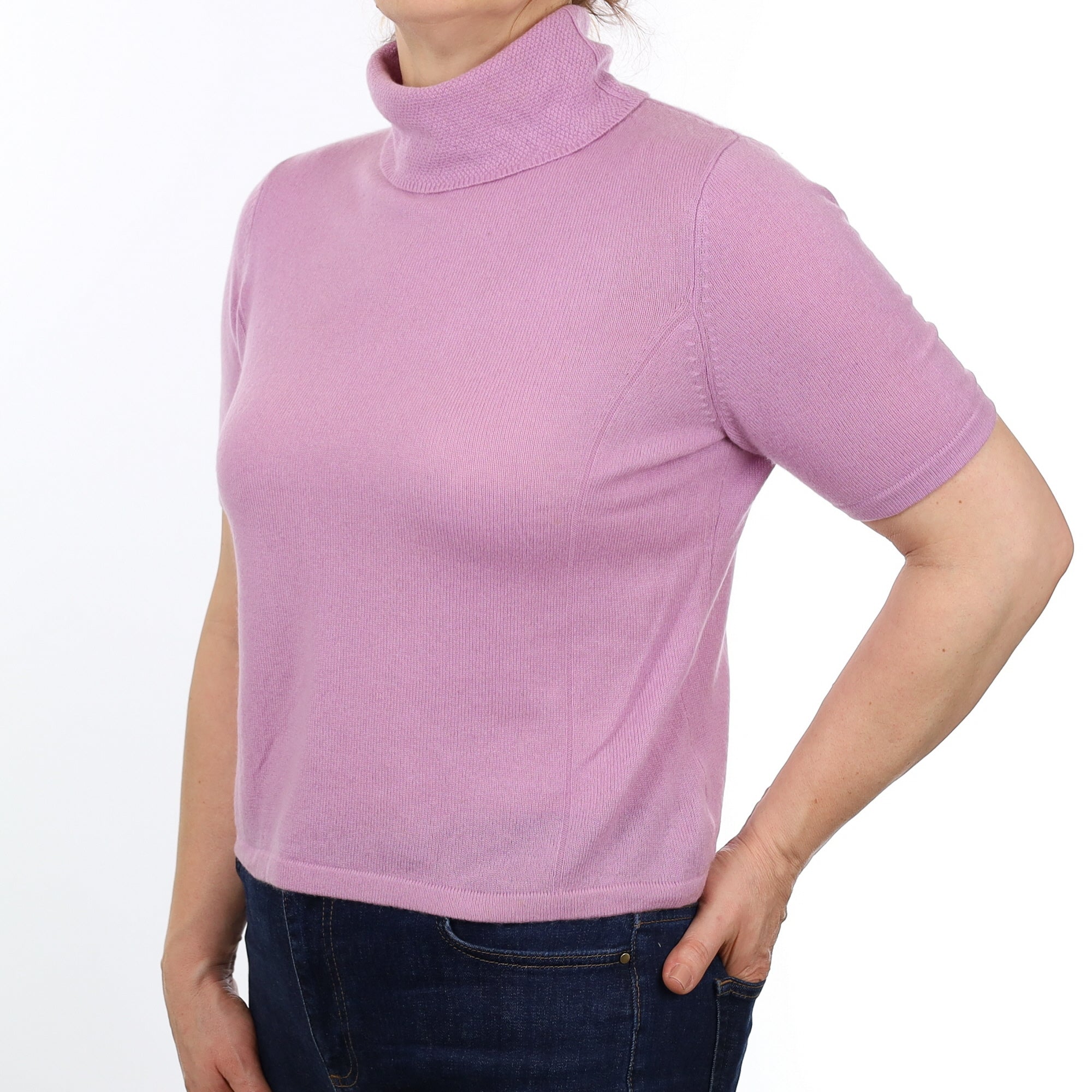 Lilac Purple Cashmere Short Sleeved Polo Neck Jumper Medium