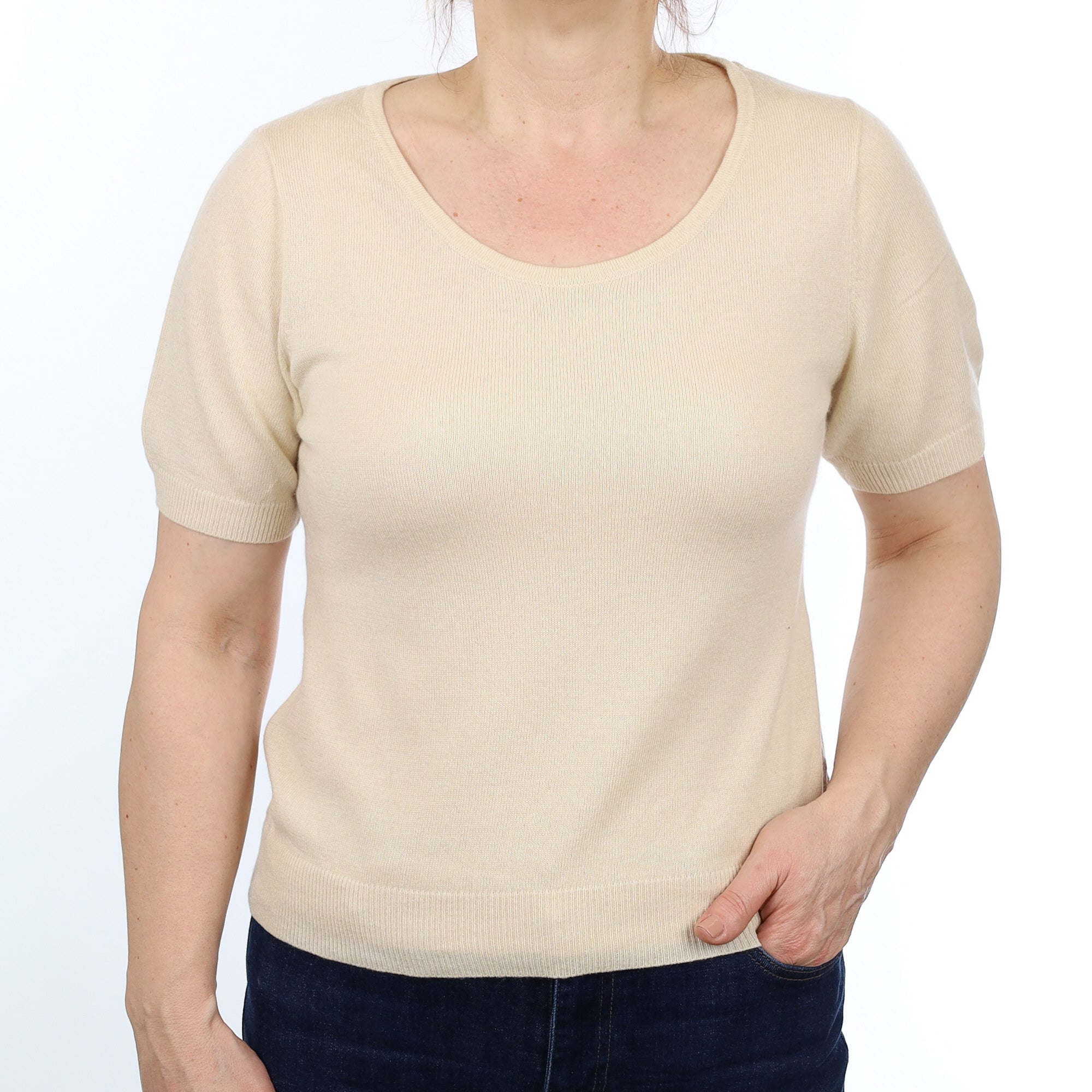 Sand Beige Cashmere Short sleeved Scoop Neck Jumper Medium