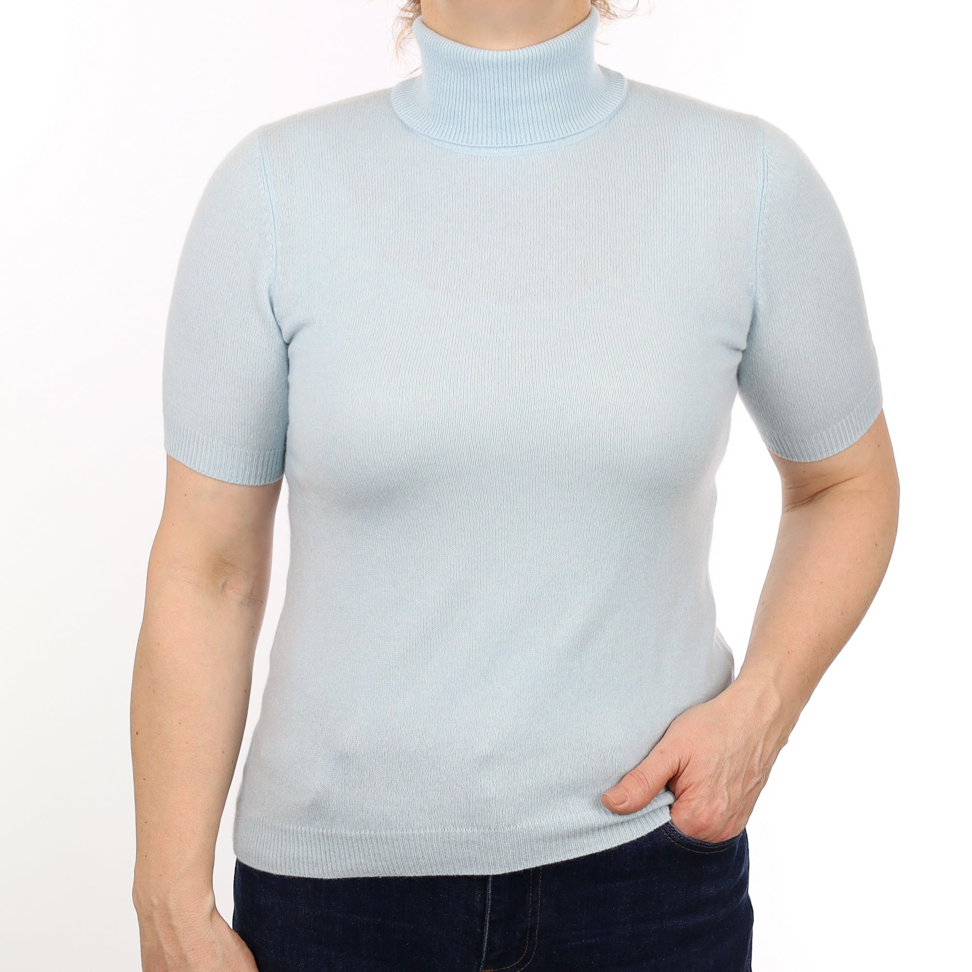 Pale Aqua Cashmere Short Sleeved Polo Neck Jumper Medium