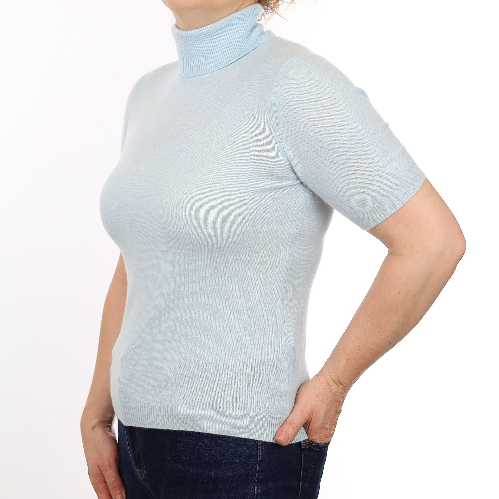 Pale Aqua Cashmere Short Sleeved Polo Neck Jumper Medium