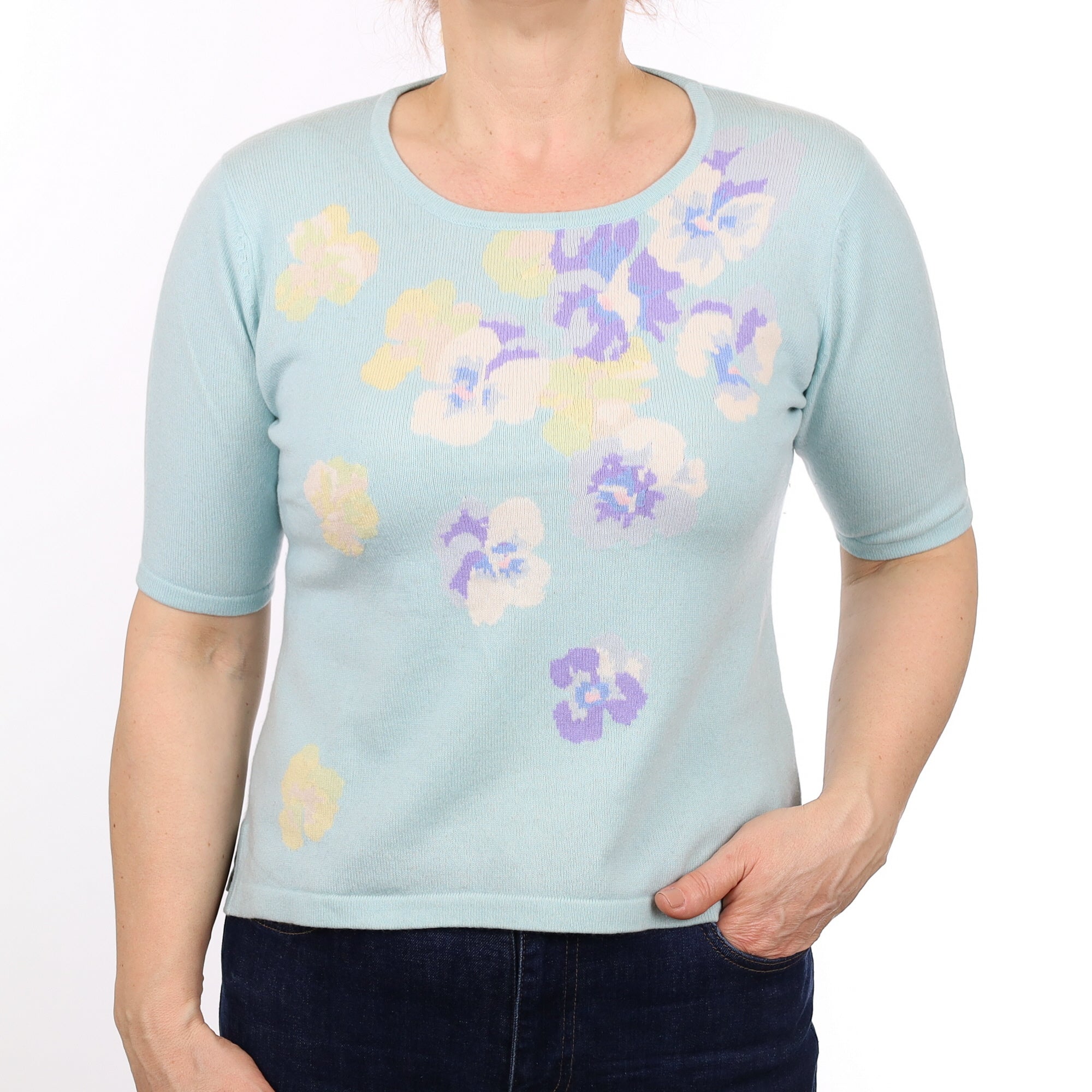 Aqua Floral Cashmere Short Sleeved Crew Neck Jumper Medium