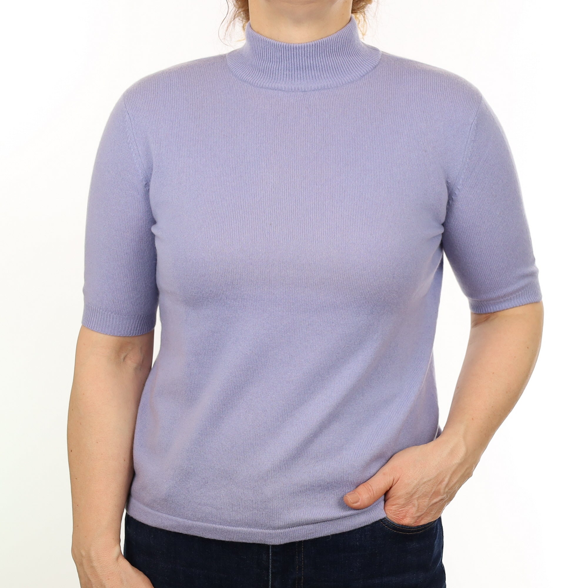 Powder Blue Cashmere Short Sleeved Turtle Neck Jumper Medium