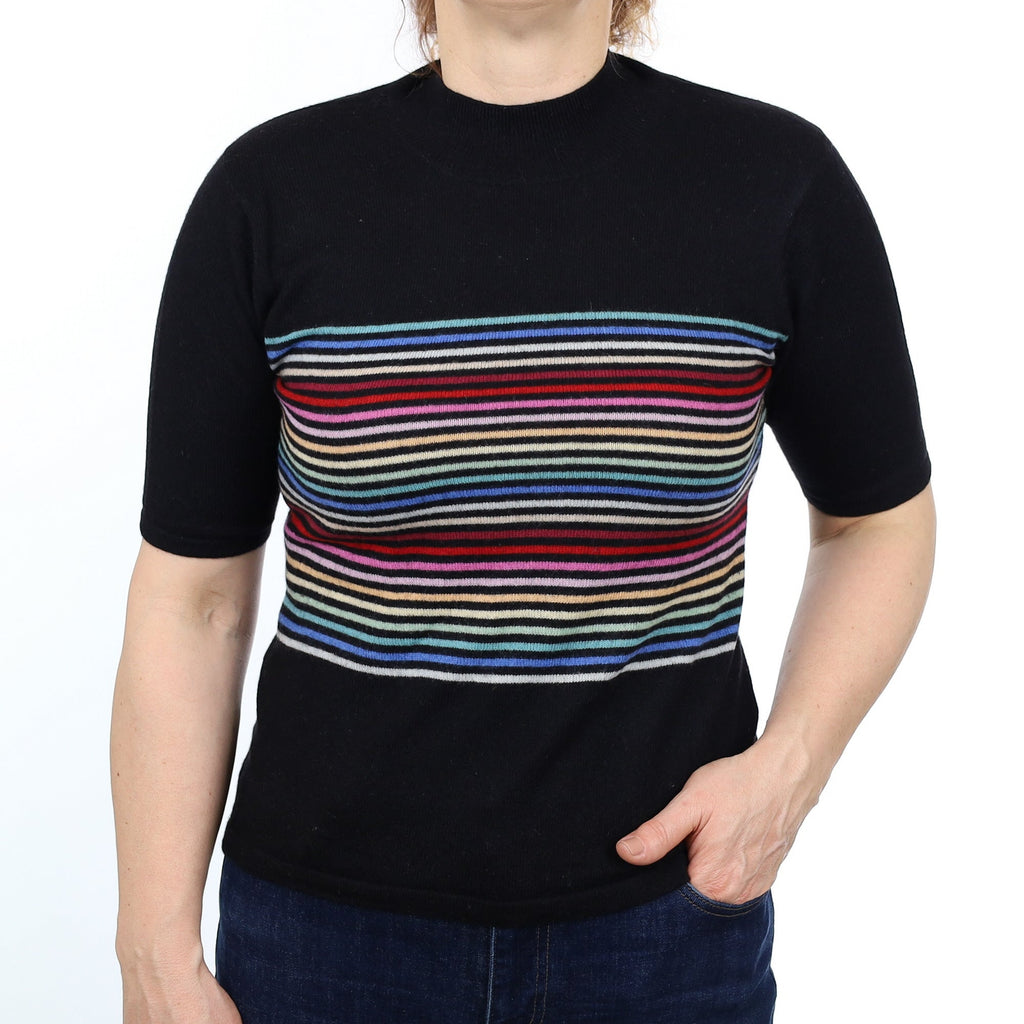 Black Colourful Striped Cashmere Short Sleeved Turtle Neck Jumper Medium