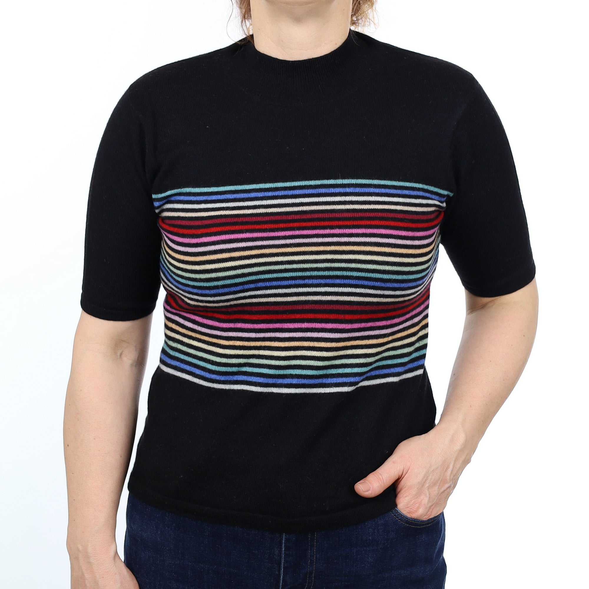 Black Colourful Striped Cashmere Short Sleeved Turtle Neck Jumper Medium