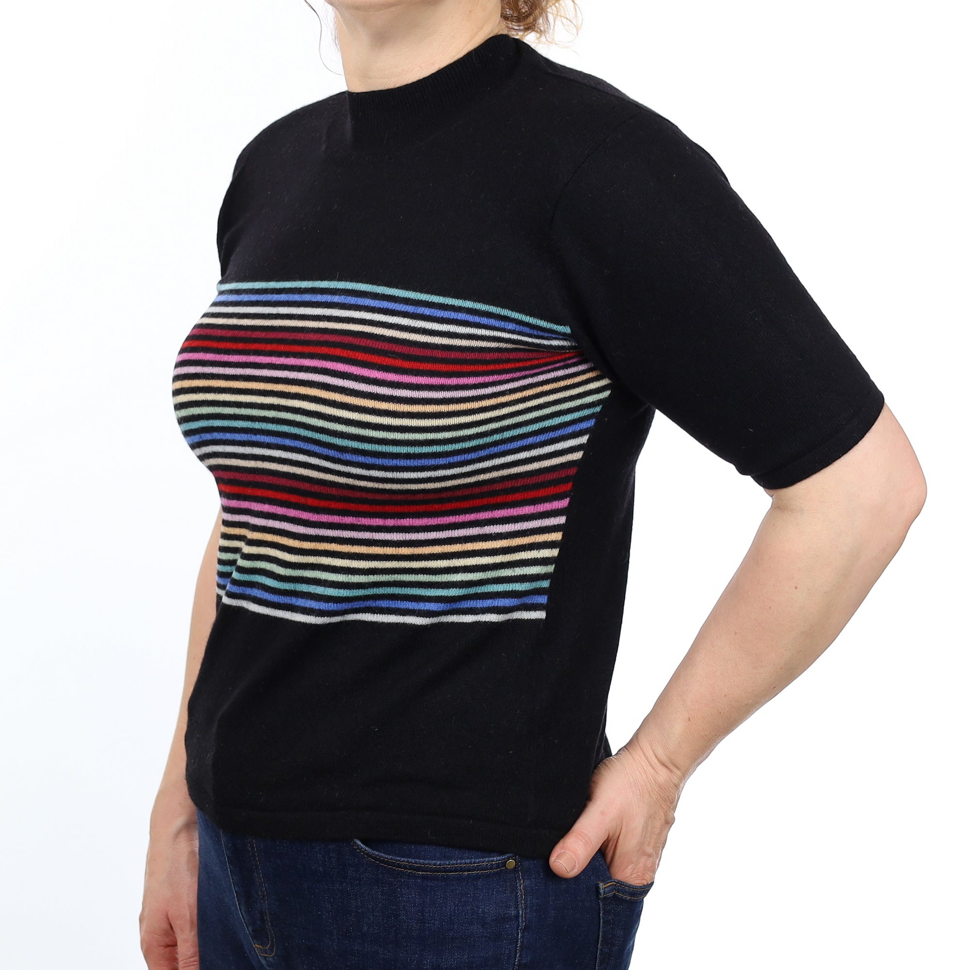 Black Colourful Striped Cashmere Short Sleeved Turtle Neck Jumper Medium