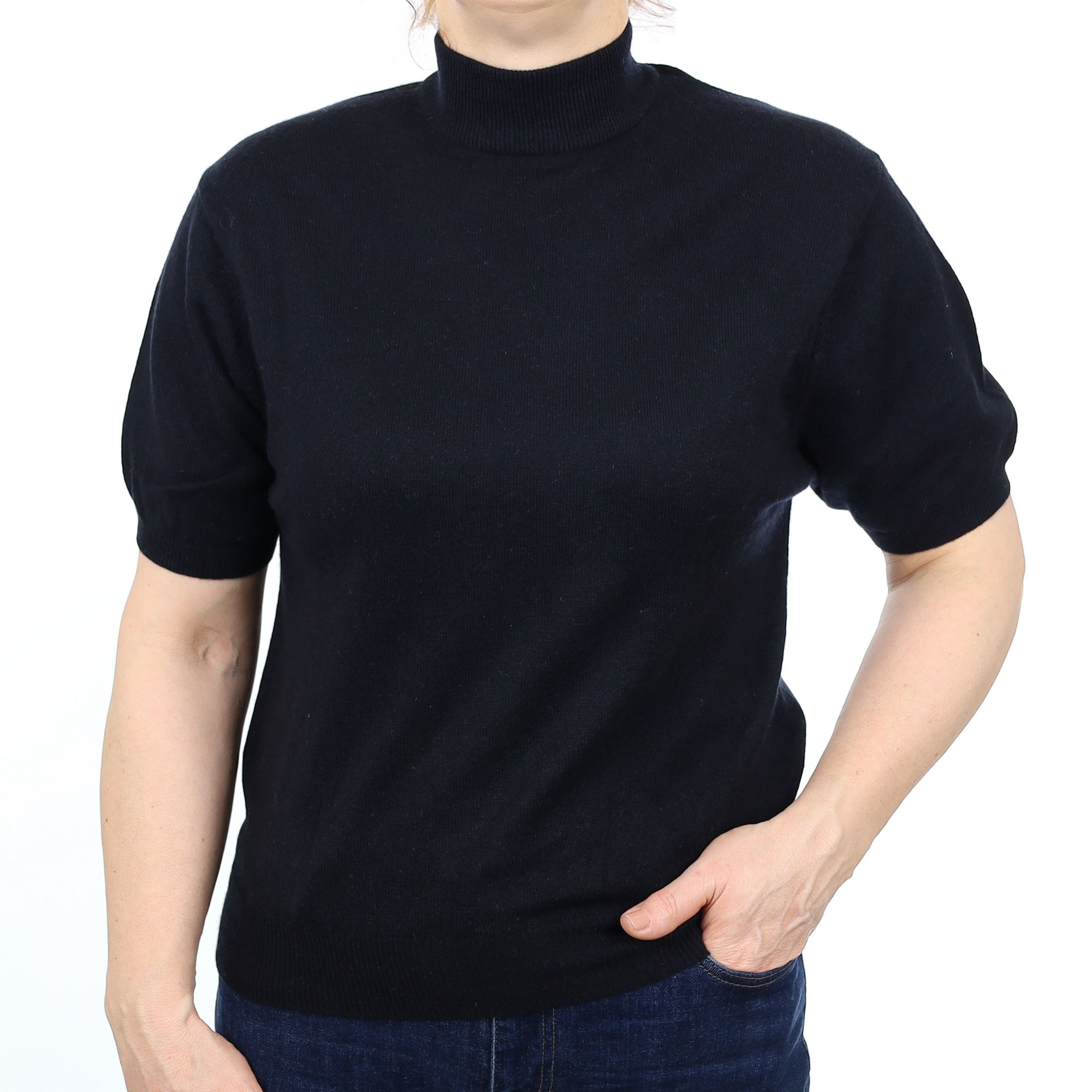 Black Cashmere Short Sleeved Turtle Neck Jumper Medium