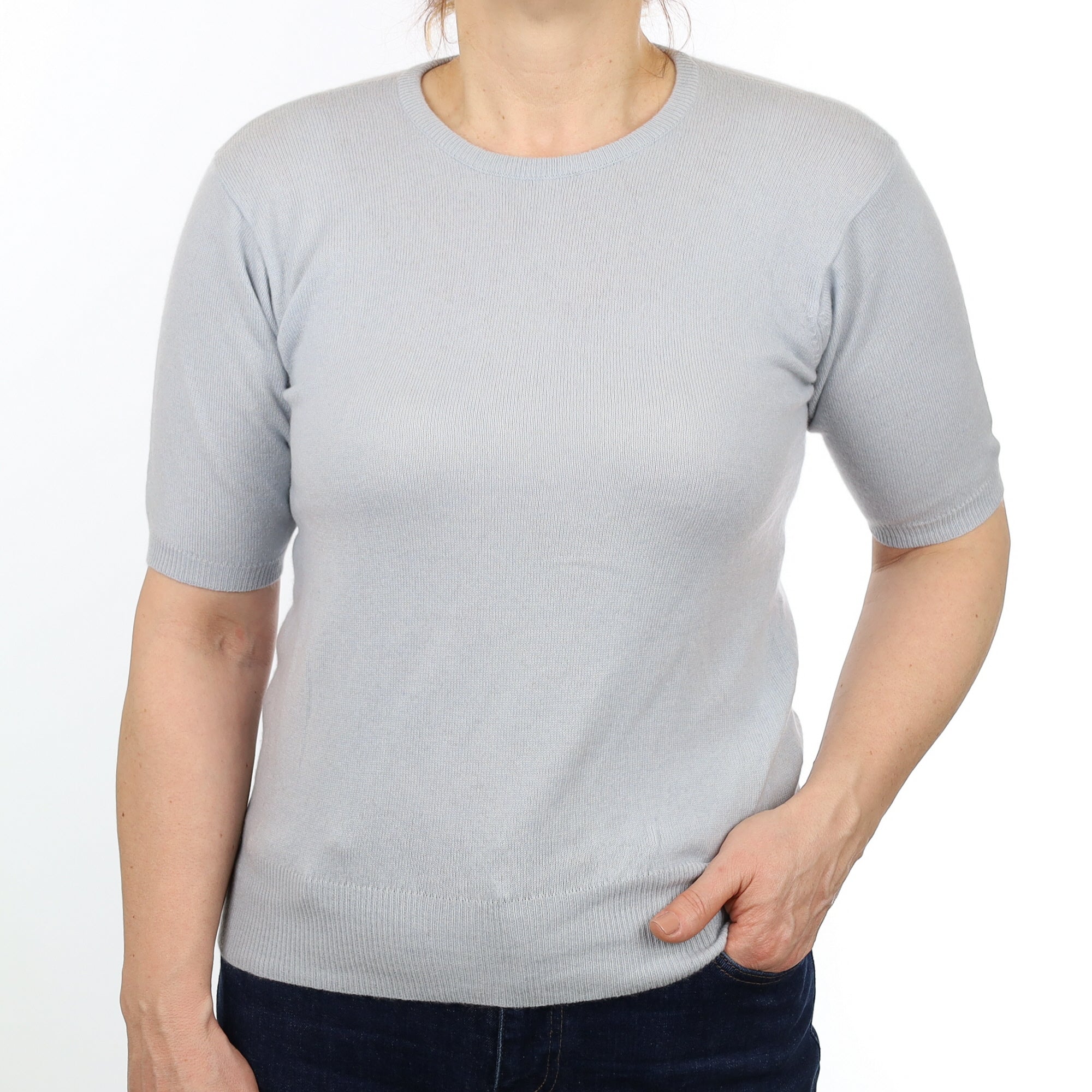 Ice Blue Cashmere Short Sleeved Crew Neck Jumper Medium