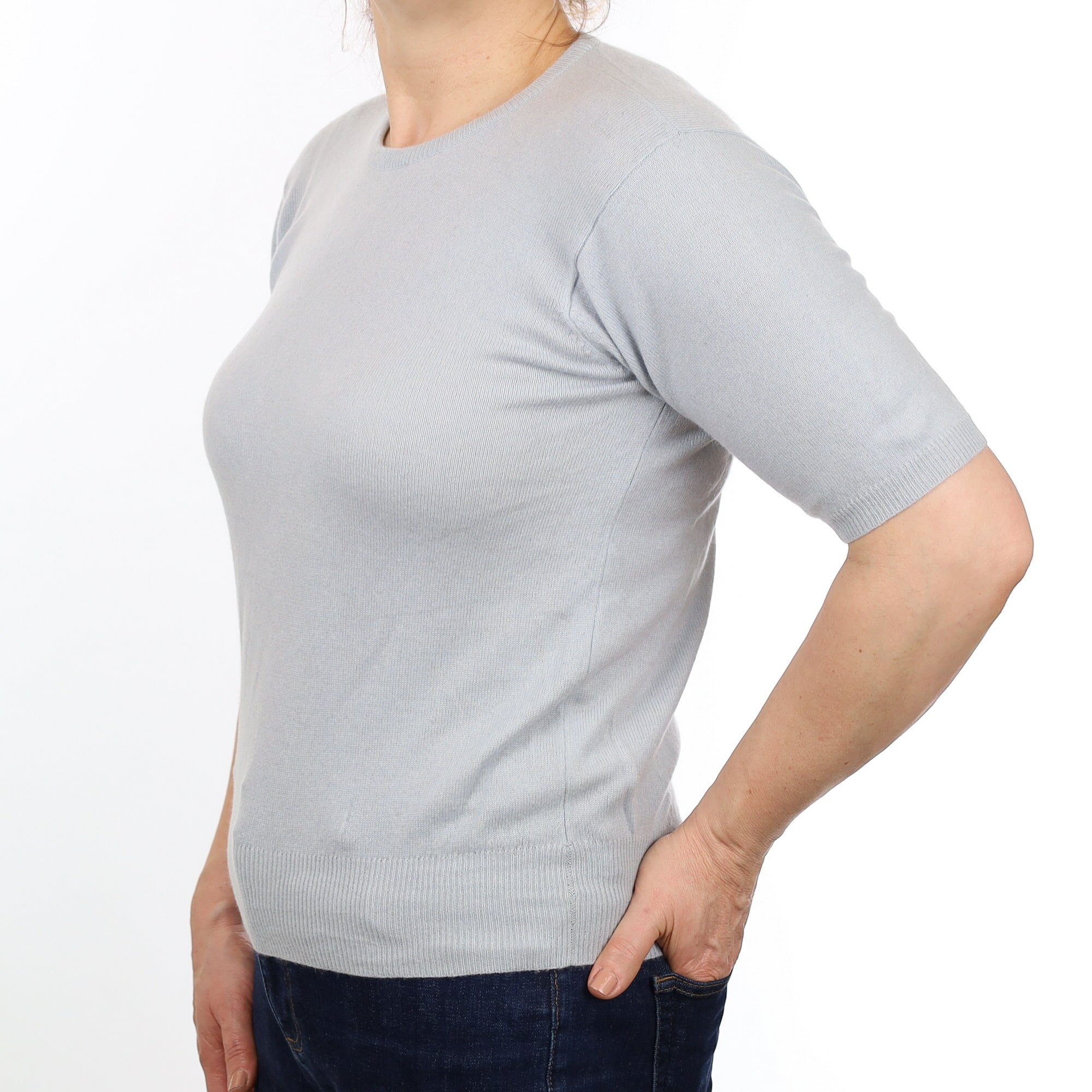 Ice Blue Cashmere Short Sleeved Crew Neck Jumper Medium