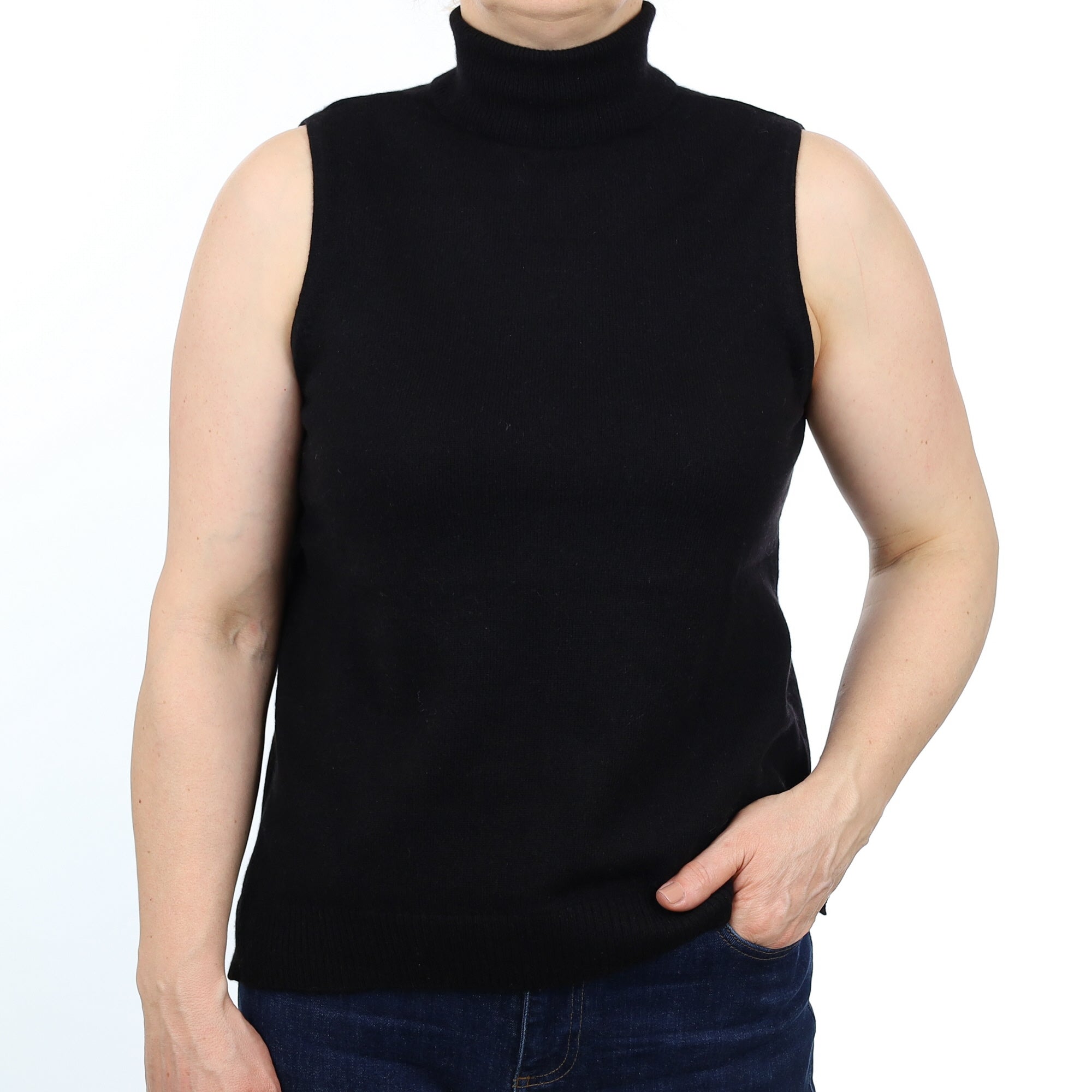 Black Cashmere Sleeveless Polo Neck Jumper Medium