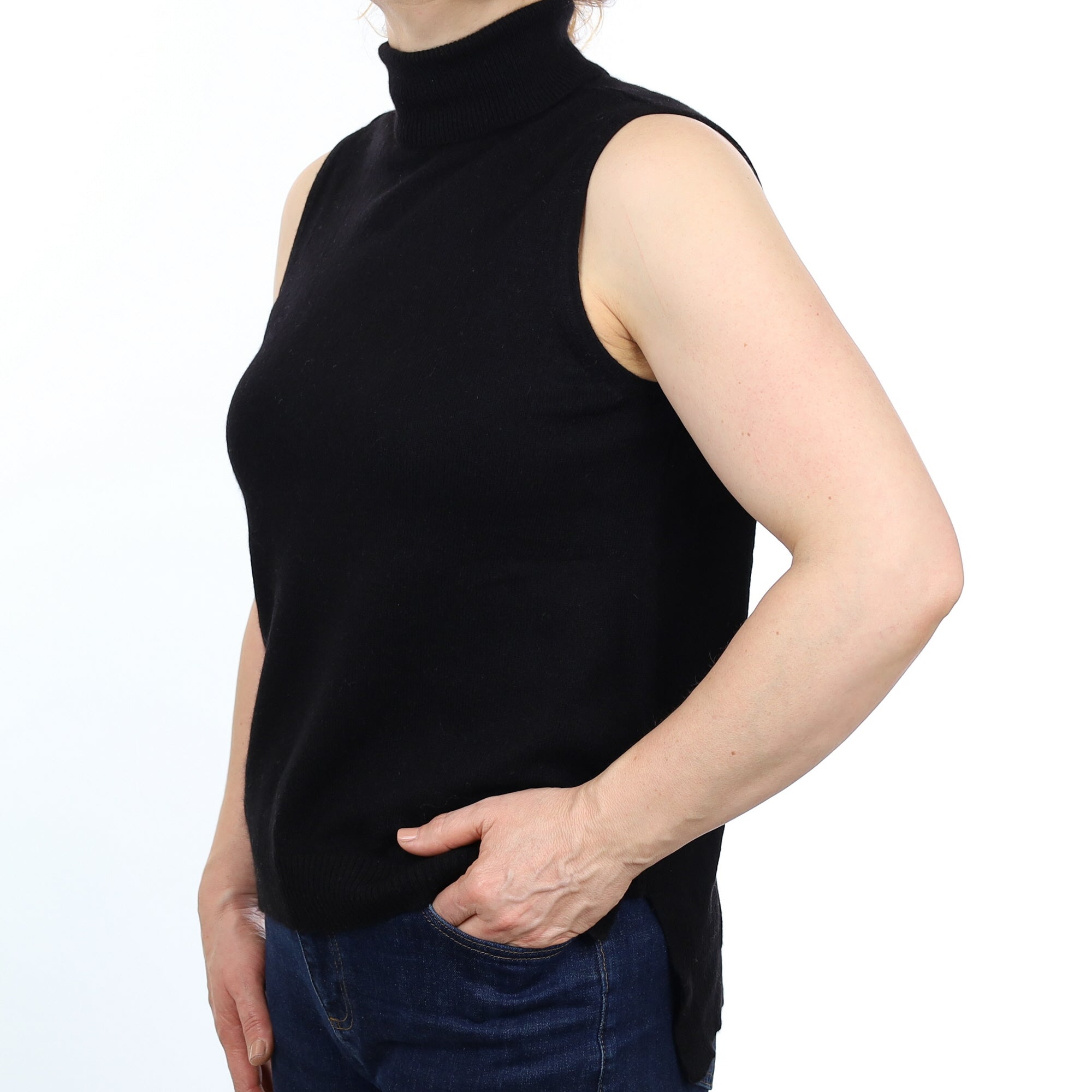 Black Cashmere Sleeveless Polo Neck Jumper Medium