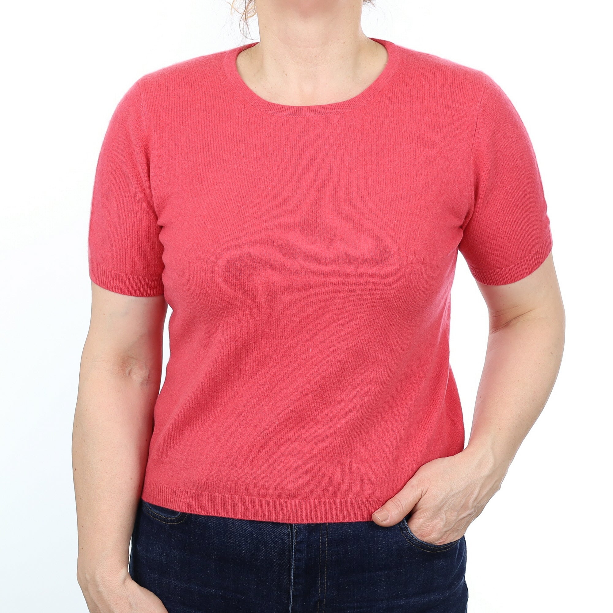 Cranberry Pink Cashmere Short Sleeved Crew Neck Jumper Medium