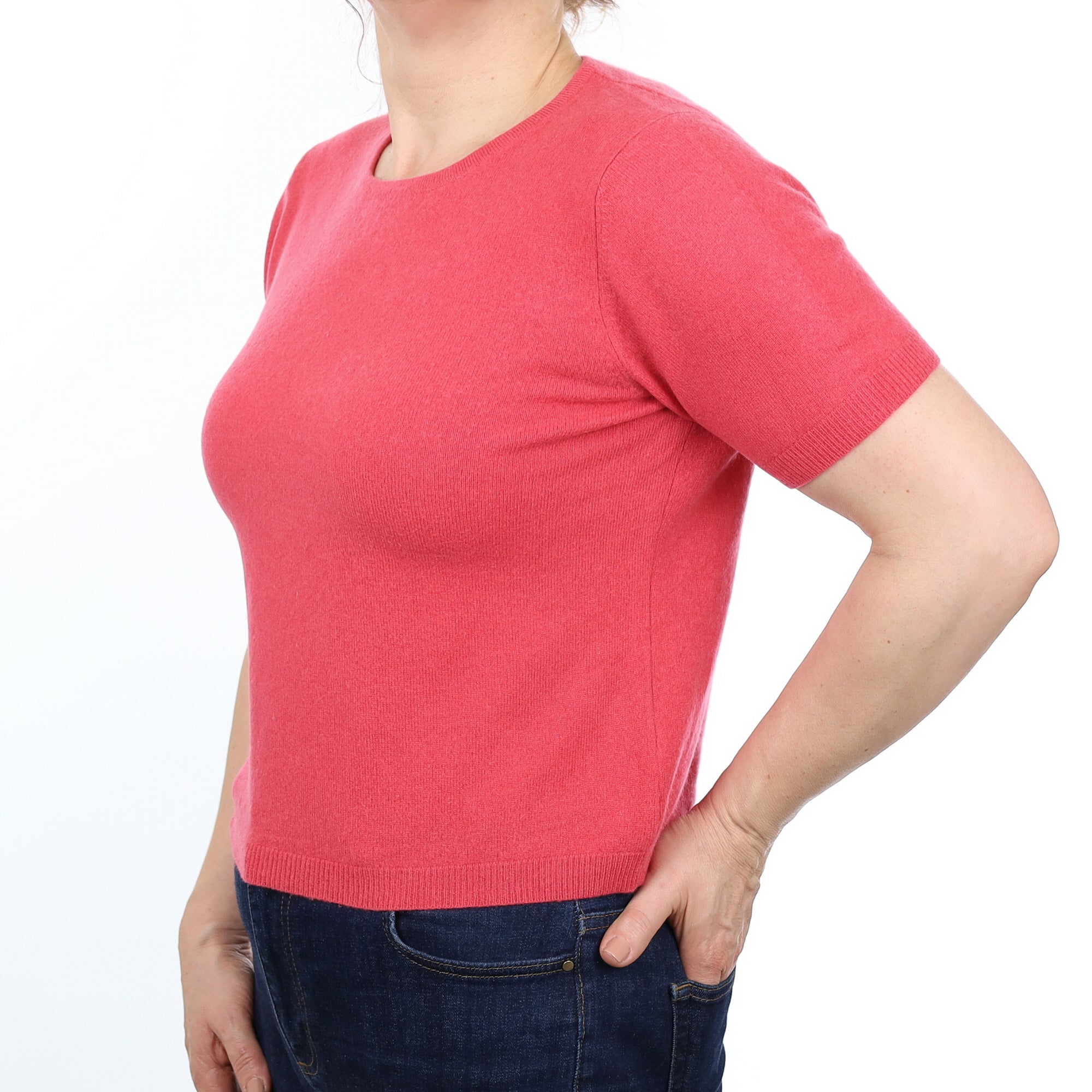 Cranberry Pink Cashmere Short Sleeved Crew Neck Jumper Medium