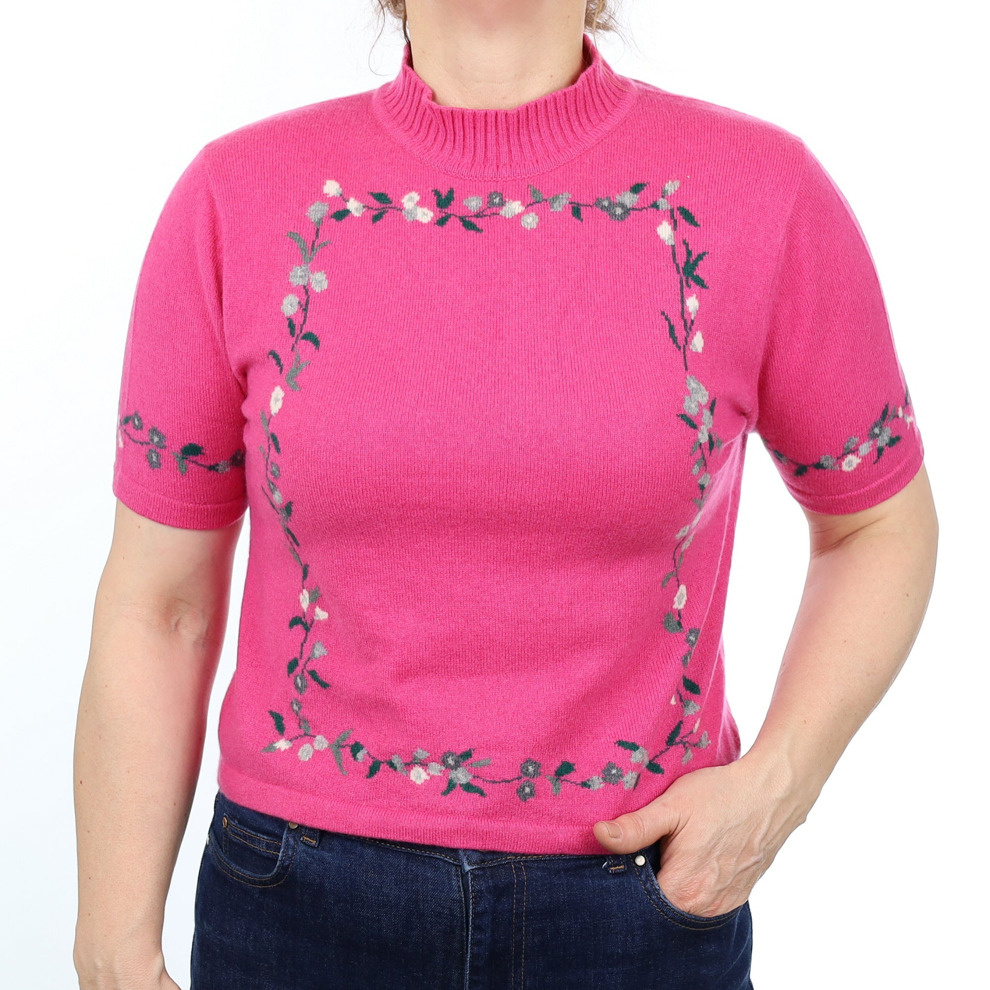 Hot Pink Floral Cashmere Short Sleeved Turtle Neck Jumper Medium