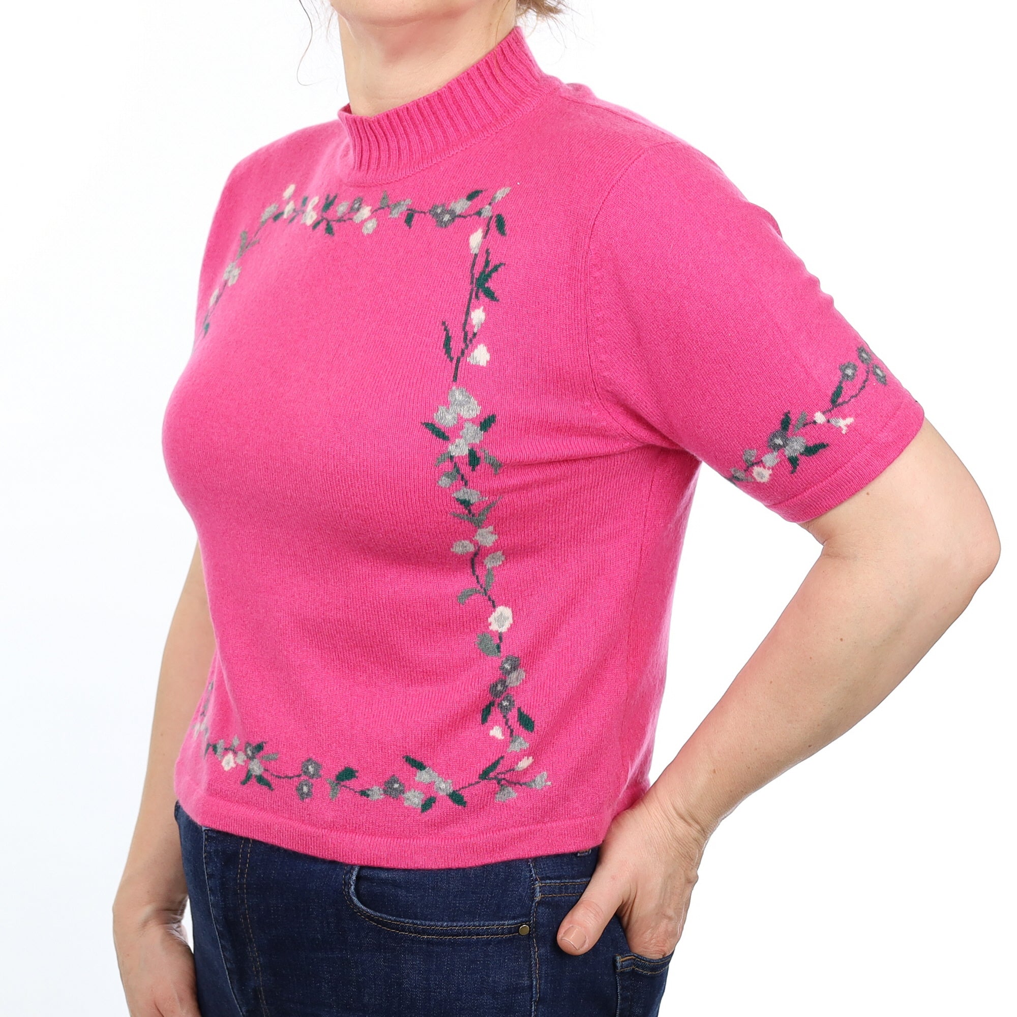 Hot Pink Floral Cashmere Short Sleeved Turtle Neck Jumper Medium