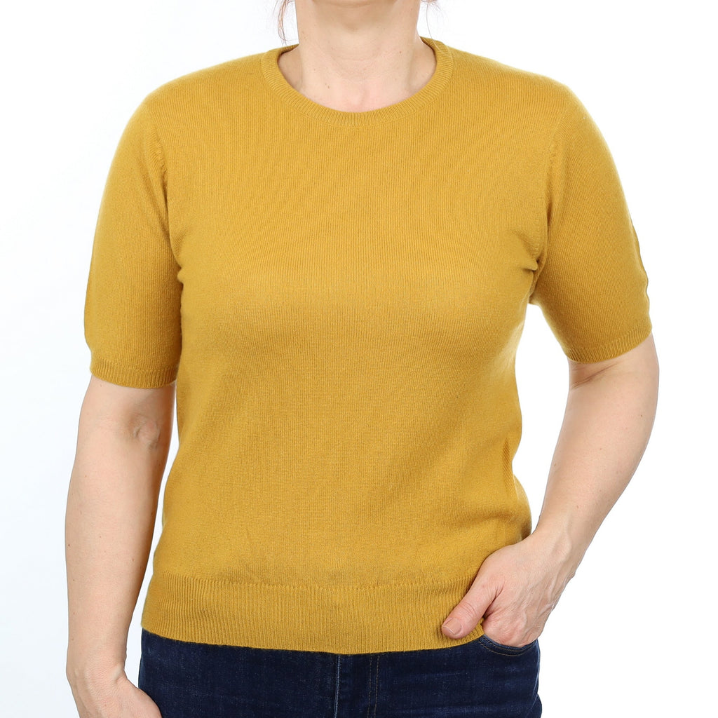 Mustard Yellow Cashmere Short Sleeved Crew Neck Jumper Medium