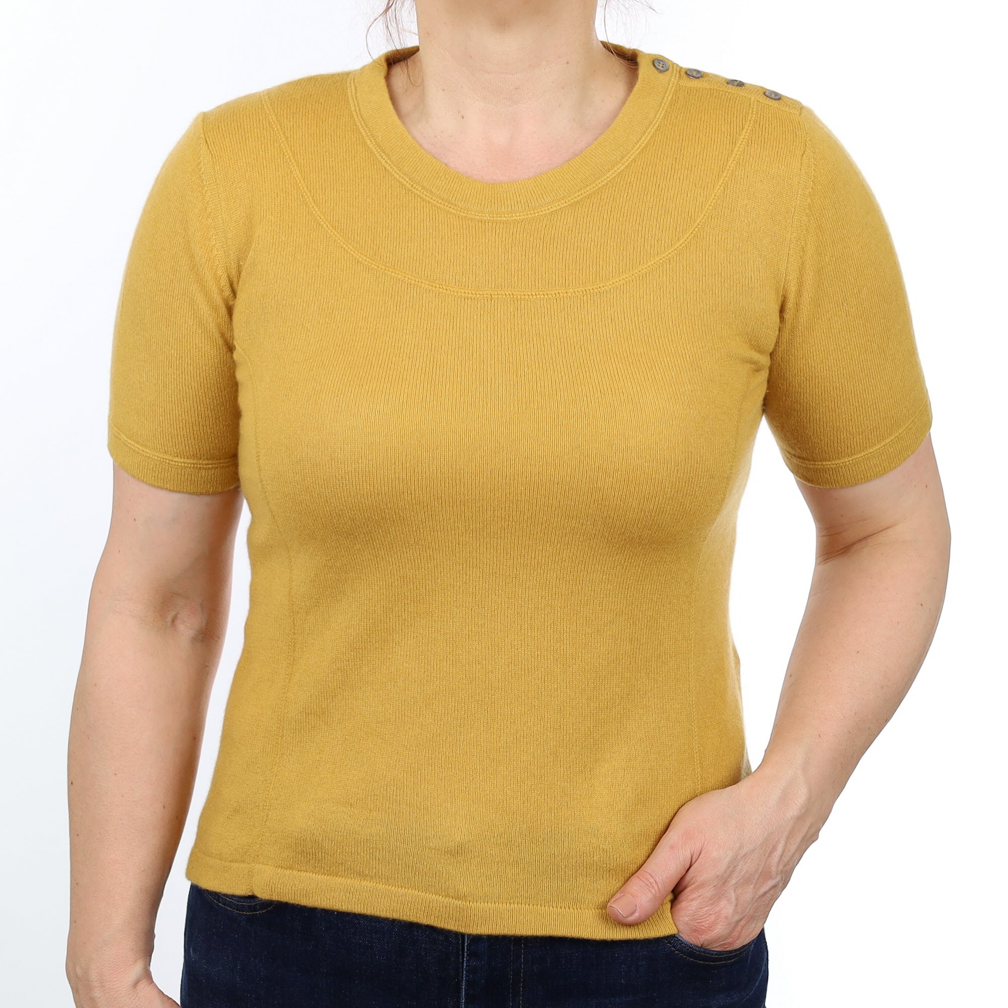 Mustard Yellow Cashmere Short Sleeved Crew Neck Jumper Medium