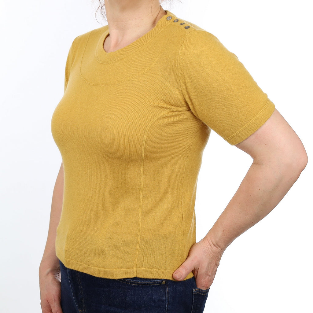 Mustard Yellow Cashmere Short Sleeved Crew Neck Jumper Medium