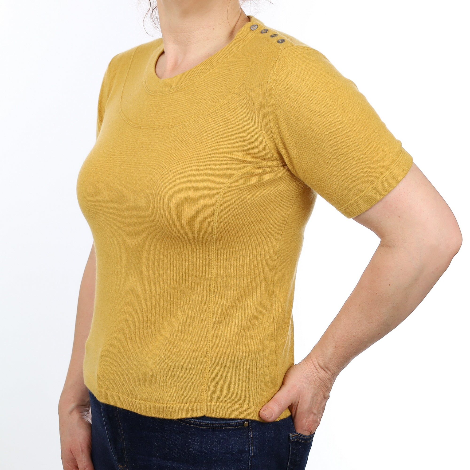 Mustard Yellow Cashmere Short Sleeved Crew Neck Jumper Medium