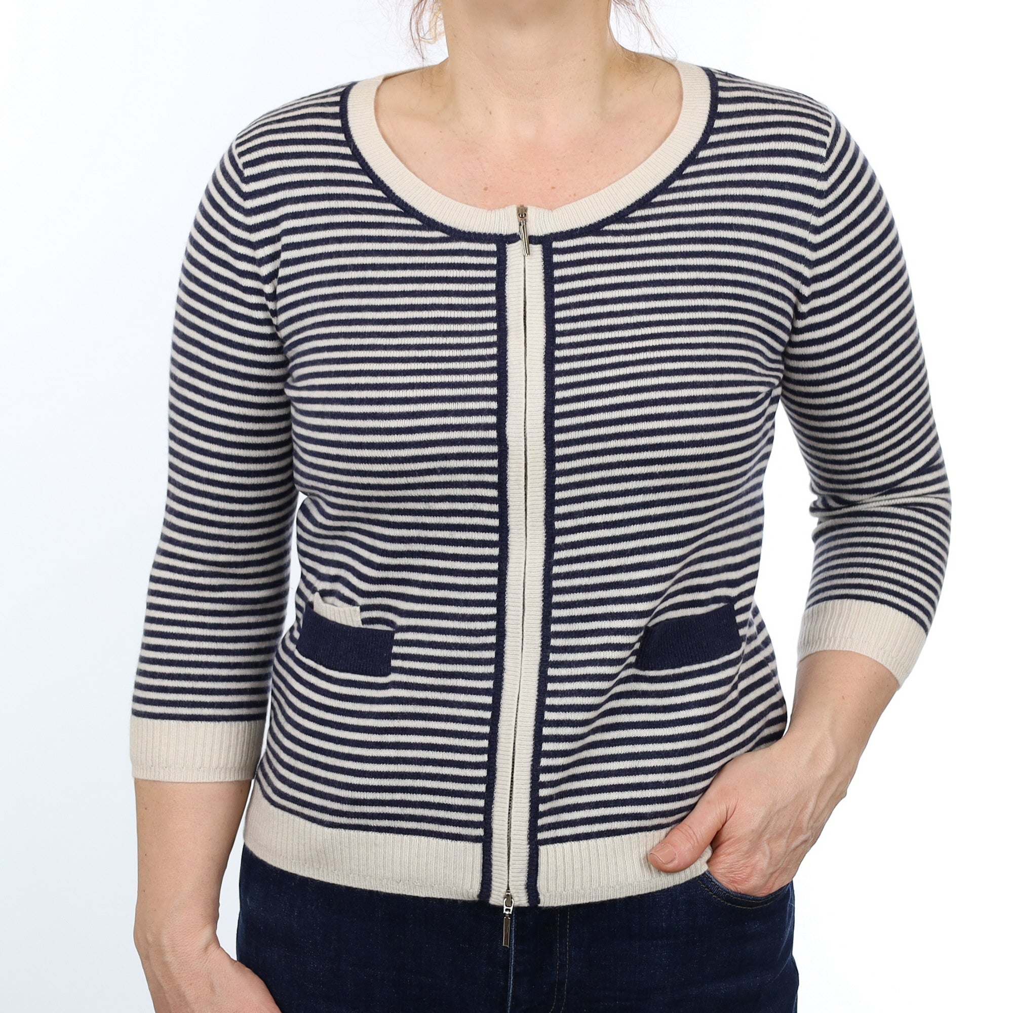 Cream and Navy Striped Cashmere Crew Neck Zip Up Cardigan Medium