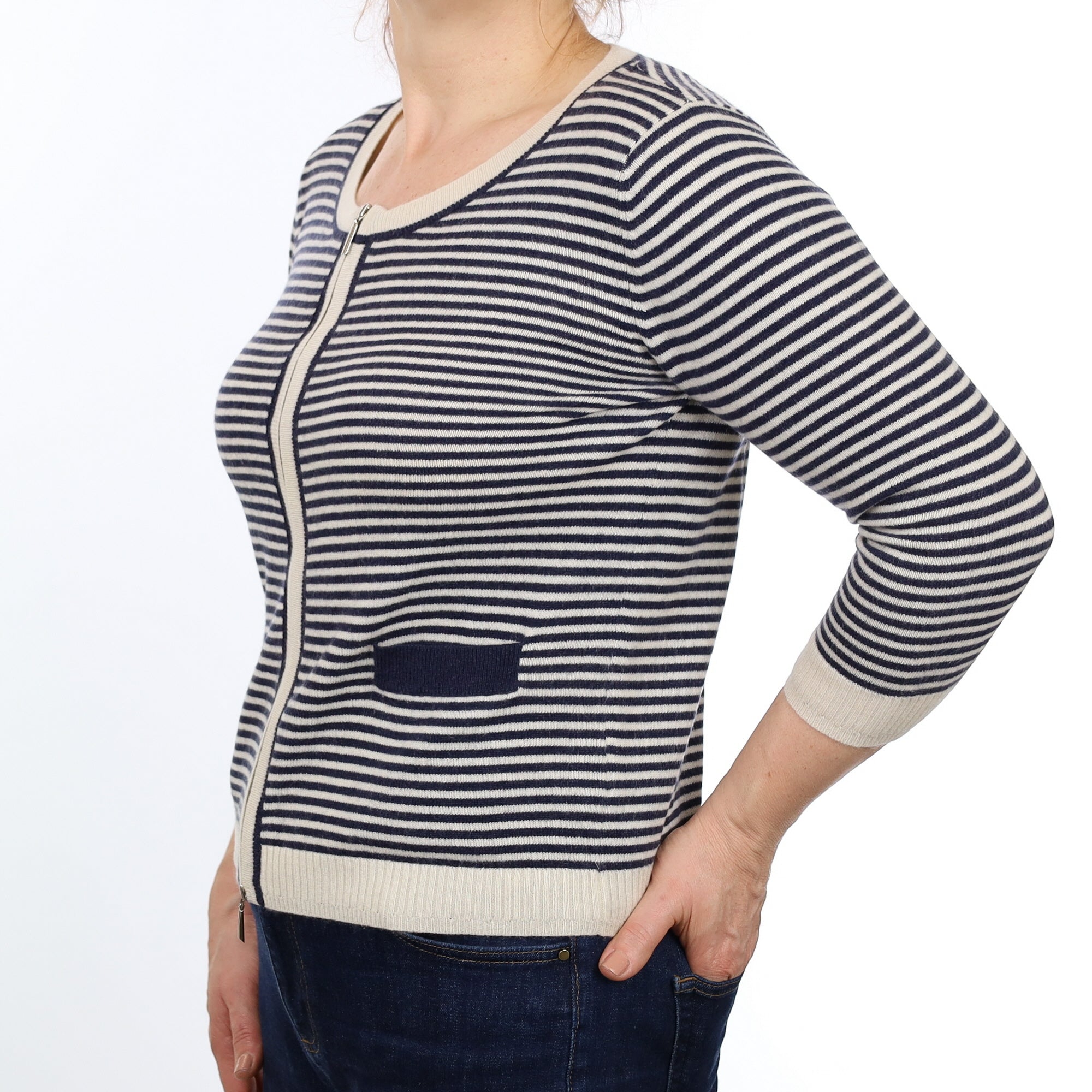 Cream and Navy Striped Cashmere Crew Neck Zip Up Cardigan Medium