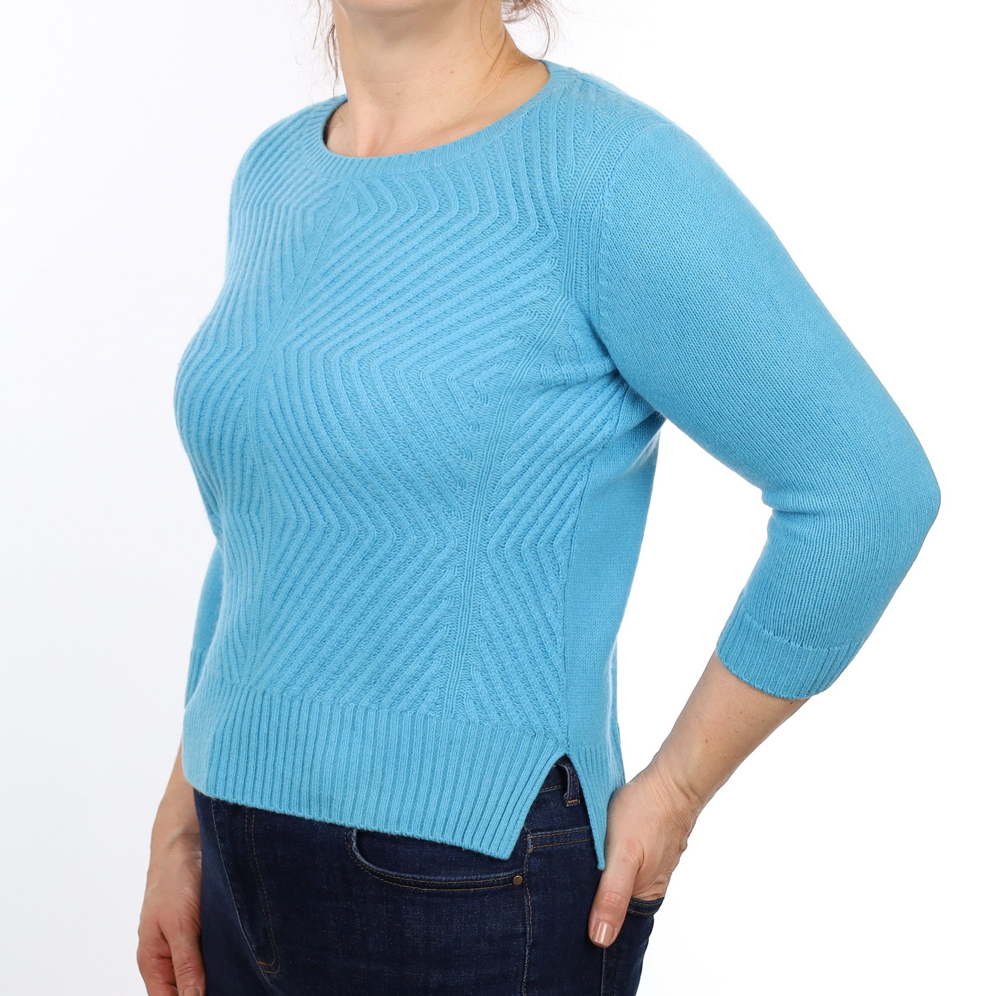 Aqua Blue Cashmere Textured Knit 3/4 Sleeve Crew Neck Jumper Medium